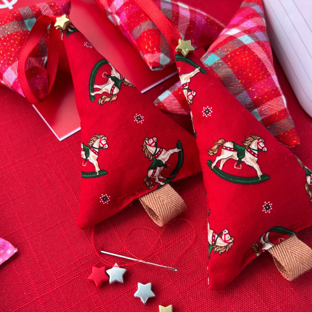 Christmas Fabric Tree Ornaments - Set of 6 - Vintage Red