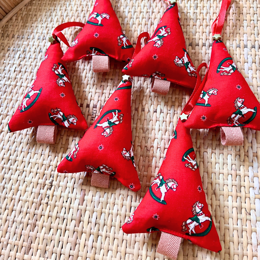 Christmas Fabric Tree Ornaments - Set of 6 - Vintage Red