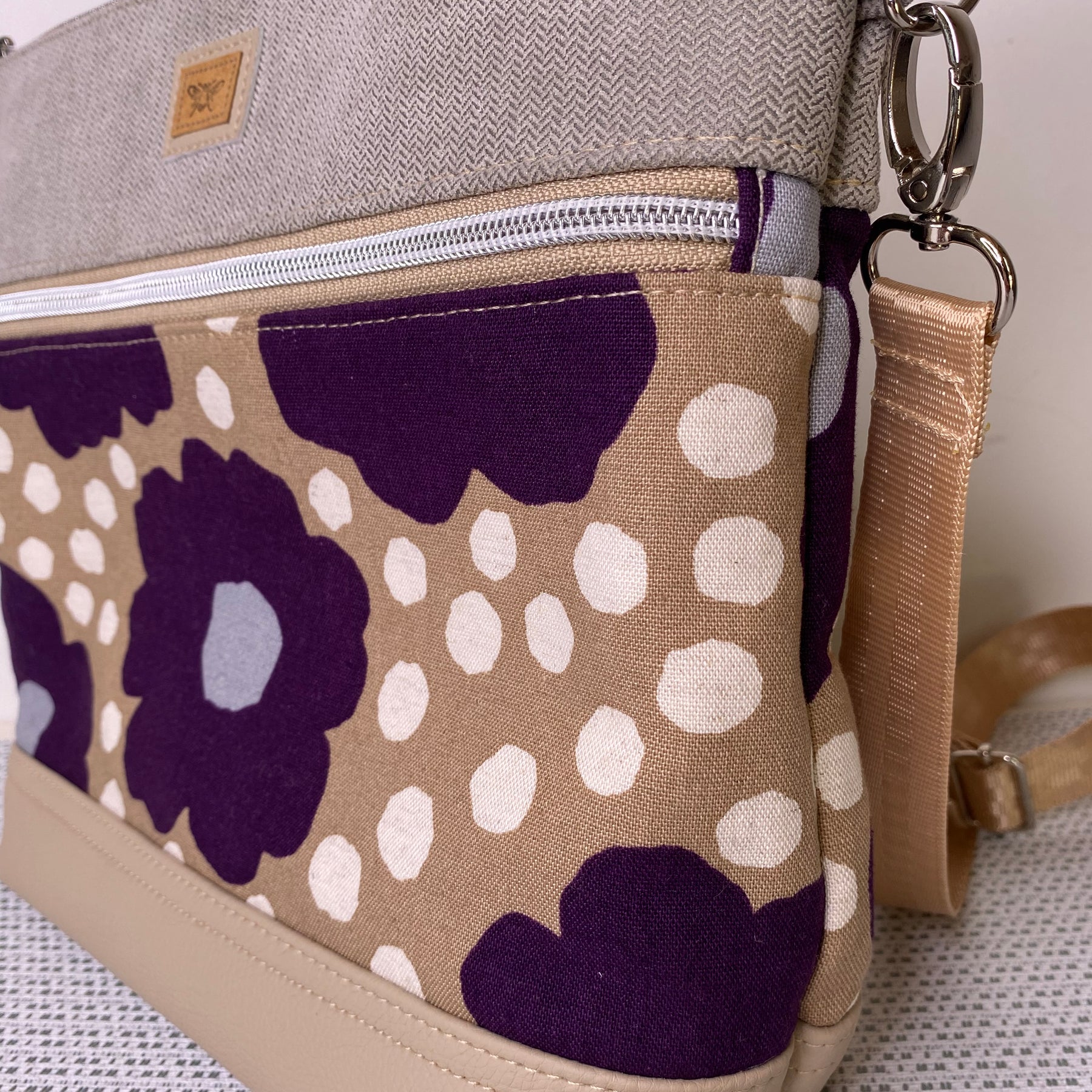 Lola Crossbody Bag - Purple Flowers & Beige Fabric with Beige Faux Leather Base