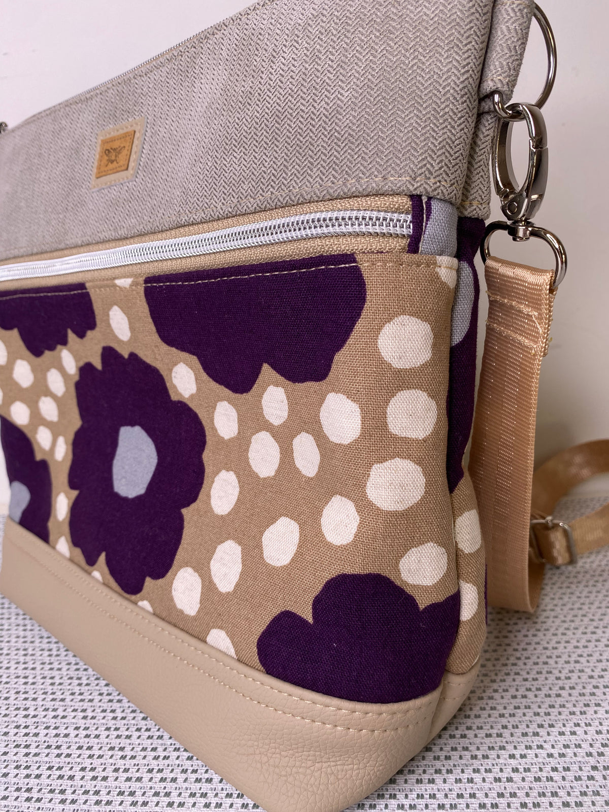 Lola Crossbody Bag - Purple Flowers & Beige Fabric with Beige Faux Leather Base
