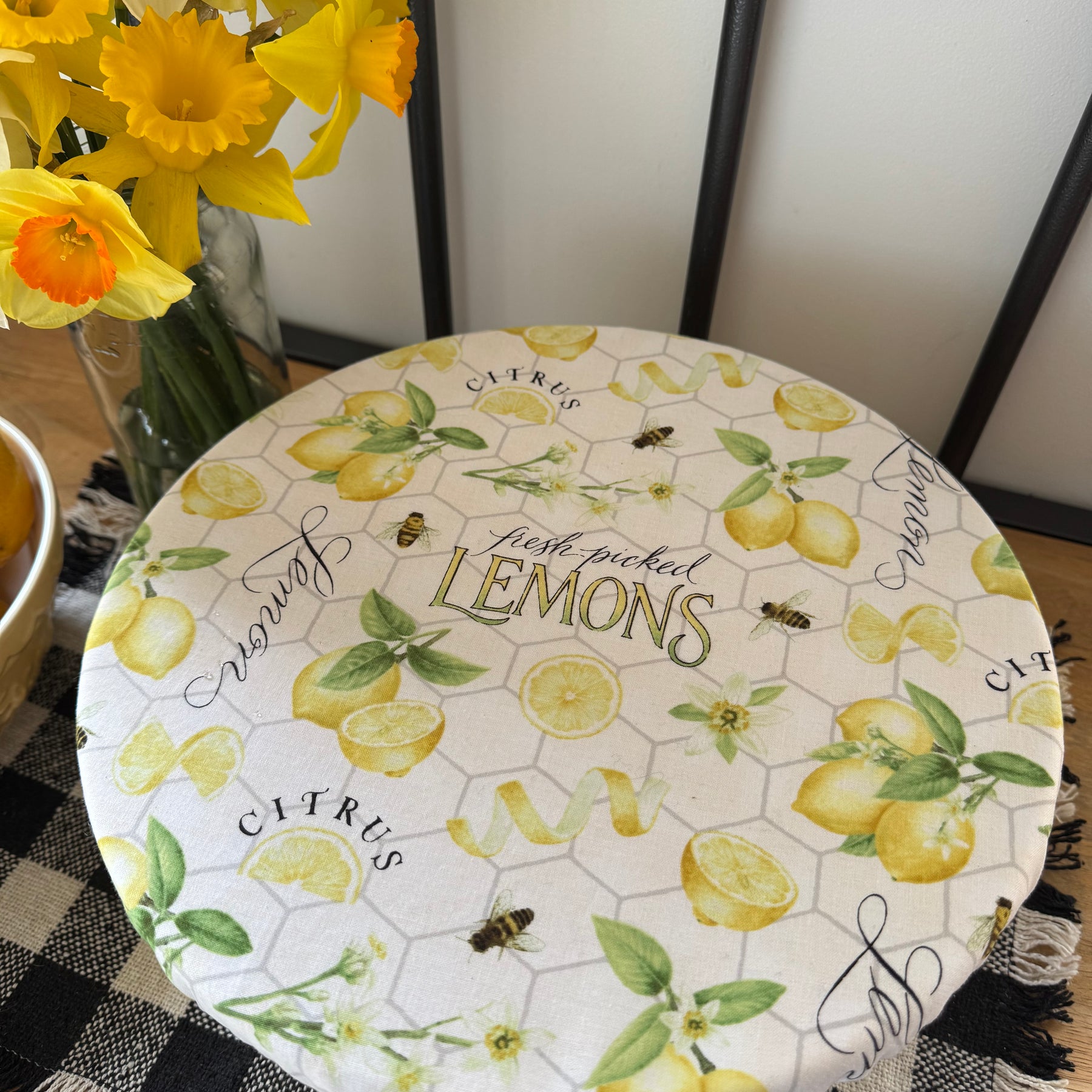 Fresh Picked Lemons Reversible Fabric Bowl Cover – Yellow Gingham – Handmade in Tasmania