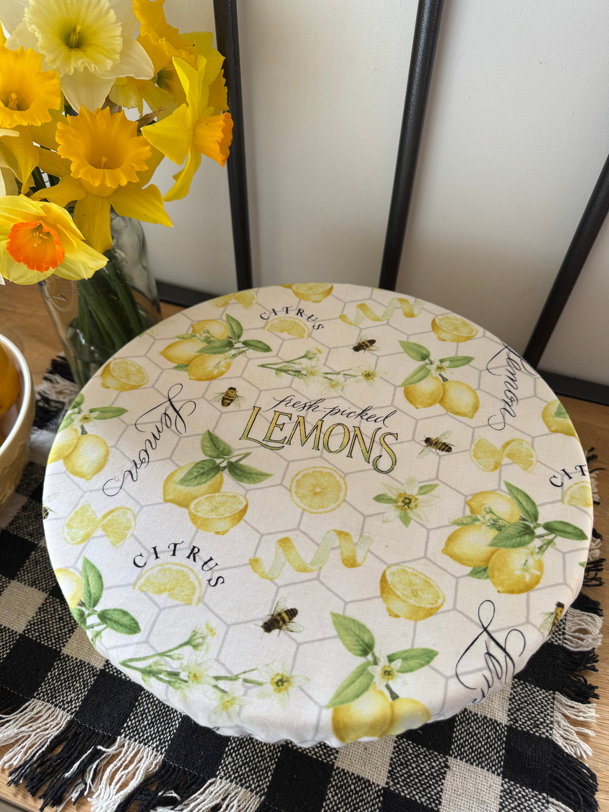 Fresh Picked Lemons Reversible Fabric Bowl Cover – Yellow Gingham – Handmade in Tasmania