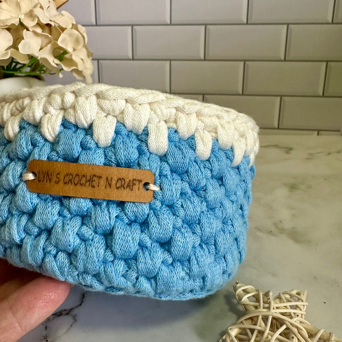 Handmade Crochet Blue & White Baby Basket - small