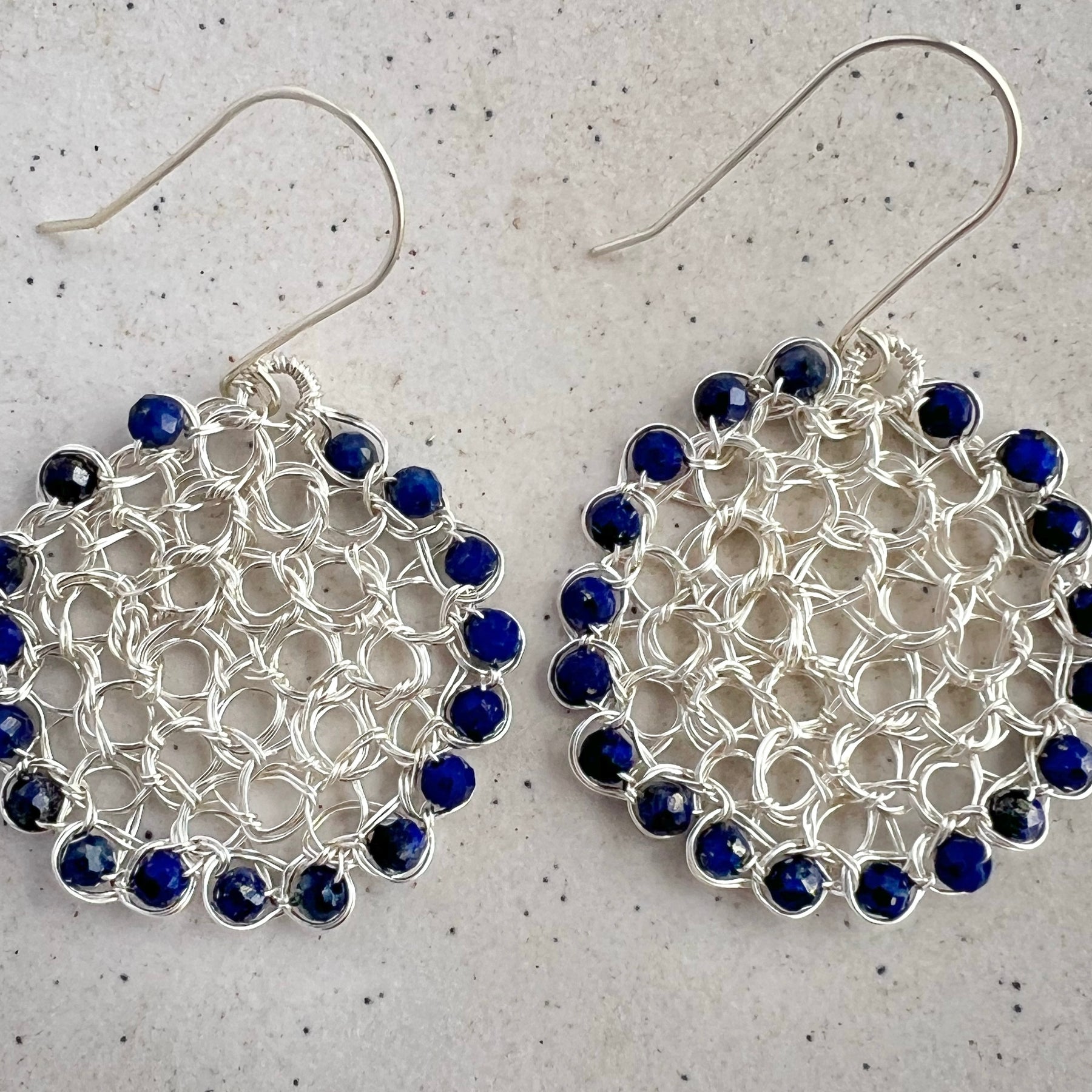 Silver wire circle earrings with Lapis lazuli beads/argentium ear hooks