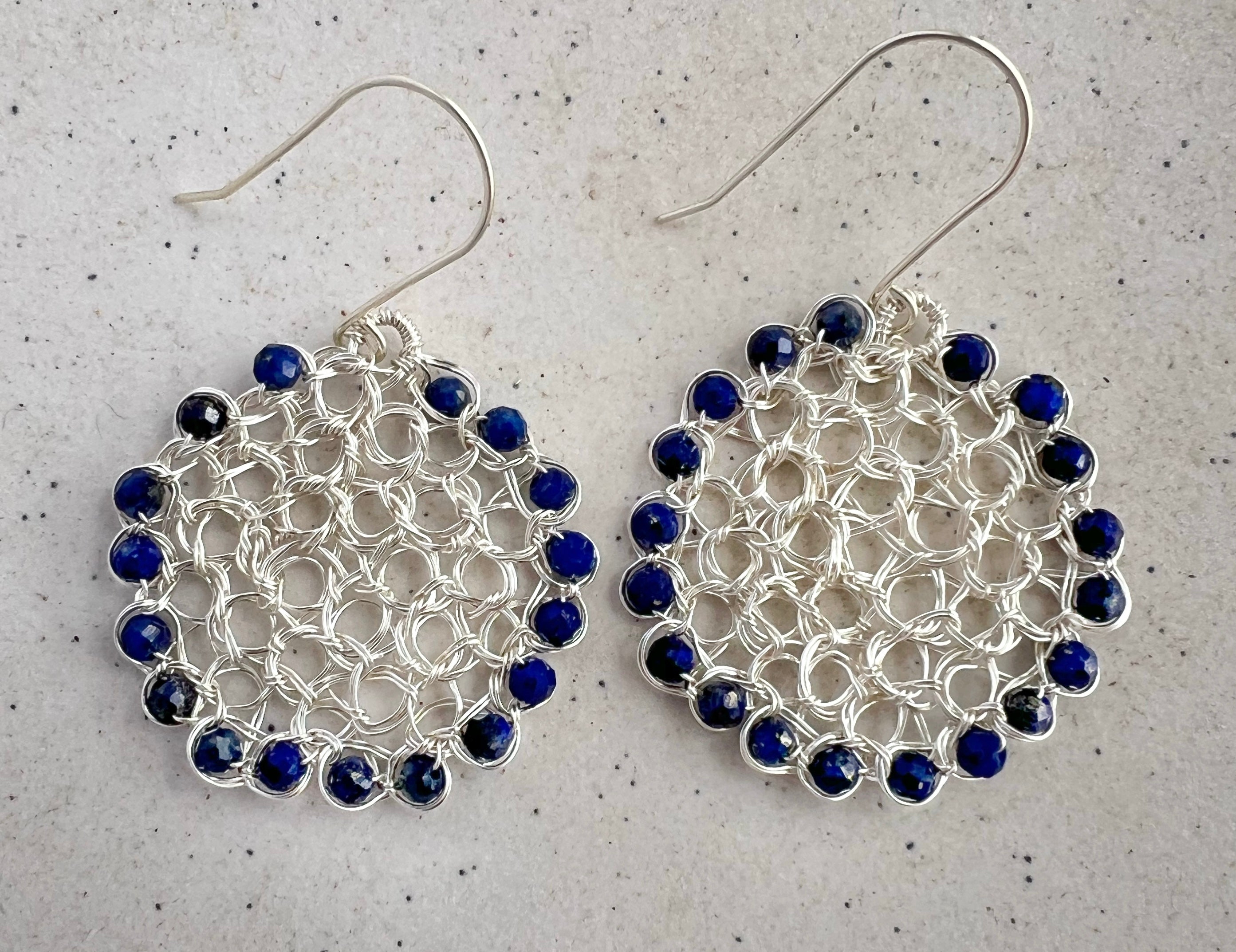 Silver wire circle earrings with Lapis lazuli beads/argentium ear hooks