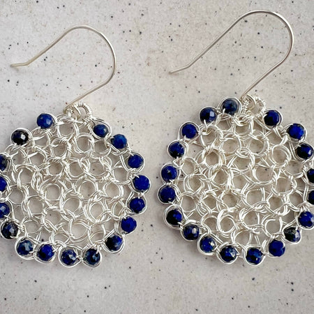 Silver wire circle earrings with Lapis lazuli beads/argentium ear hooks