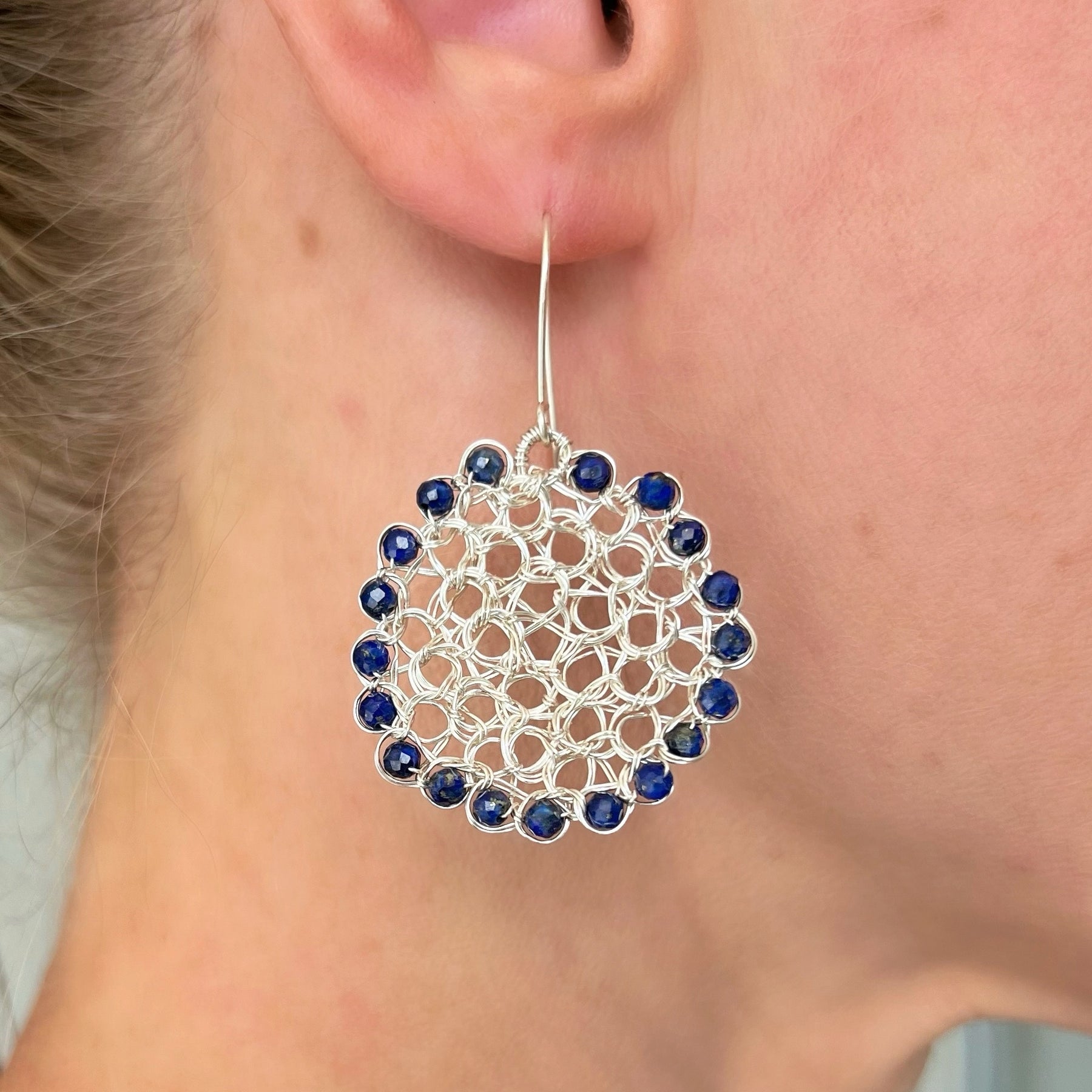 Silver wire circle earrings with Lapis lazuli beads/argentium ear hooks