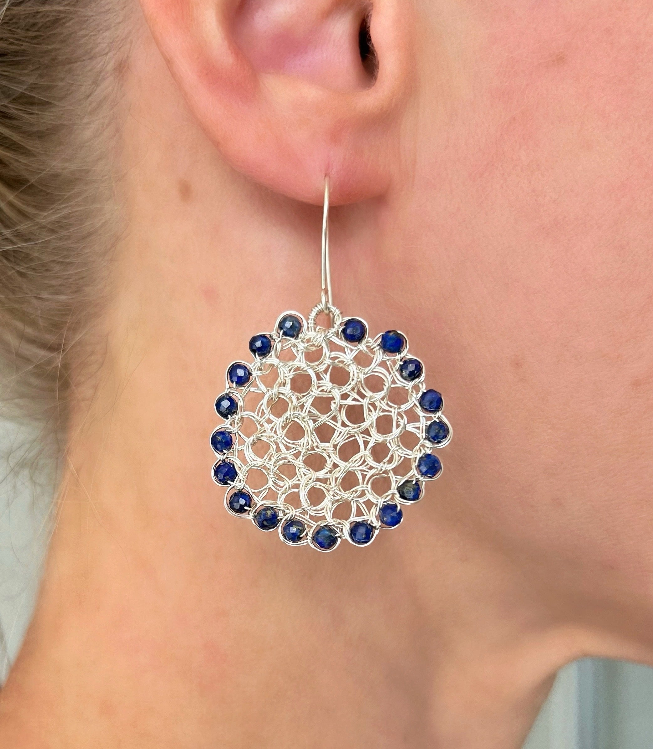 Silver wire circle earrings with Lapis lazuli beads/argentium ear hooks