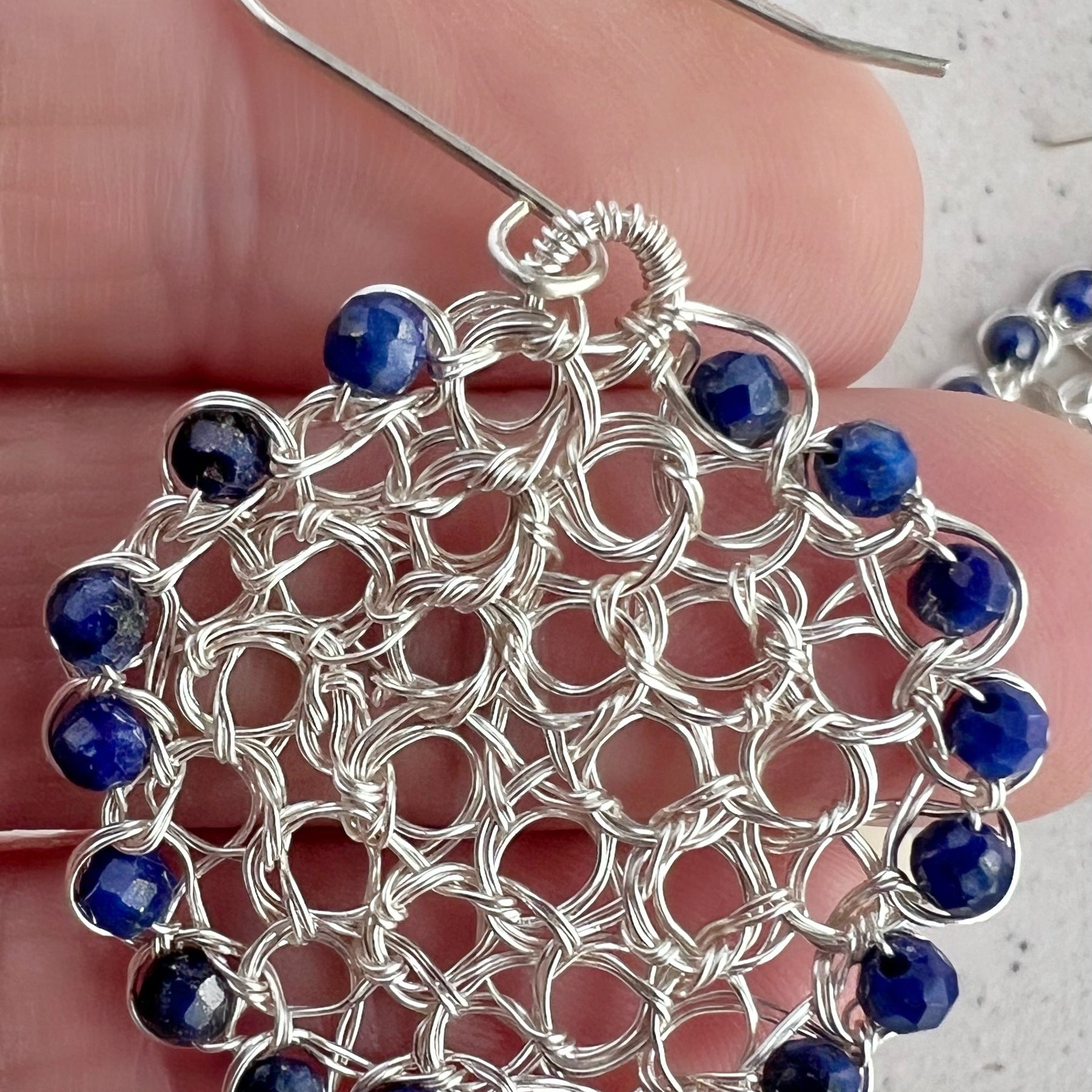 Silver wire circle earrings with Lapis lazuli beads/argentium ear hooks