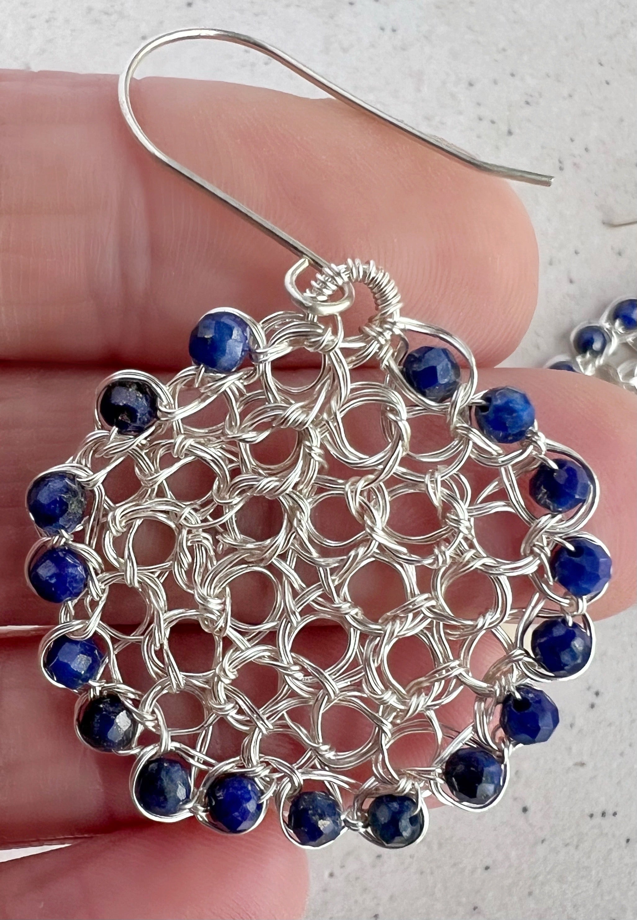 Silver wire circle earrings with Lapis lazuli beads/argentium ear hooks
