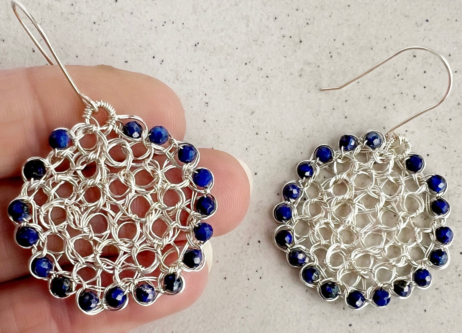Silver wire circle earrings with Lapis lazuli beads/argentium ear hooks