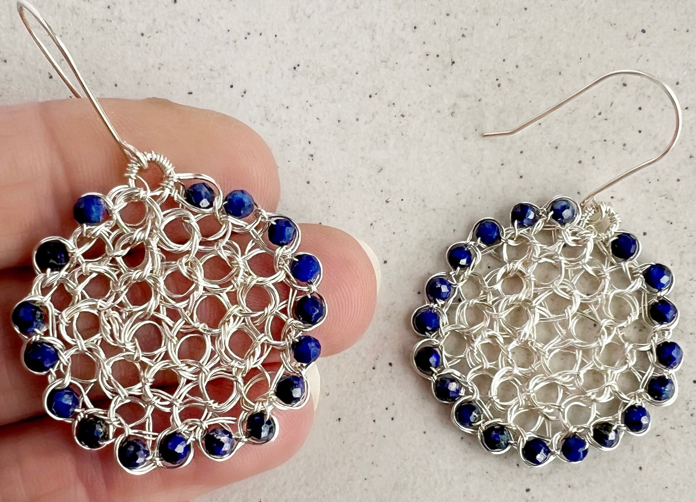 Silver wire circle earrings with Lapis lazuli beads/argentium ear hooks