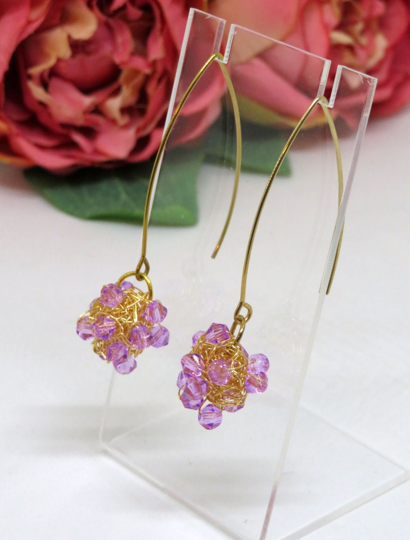 Lilac Beaded Crochet Wire Ball Earrings