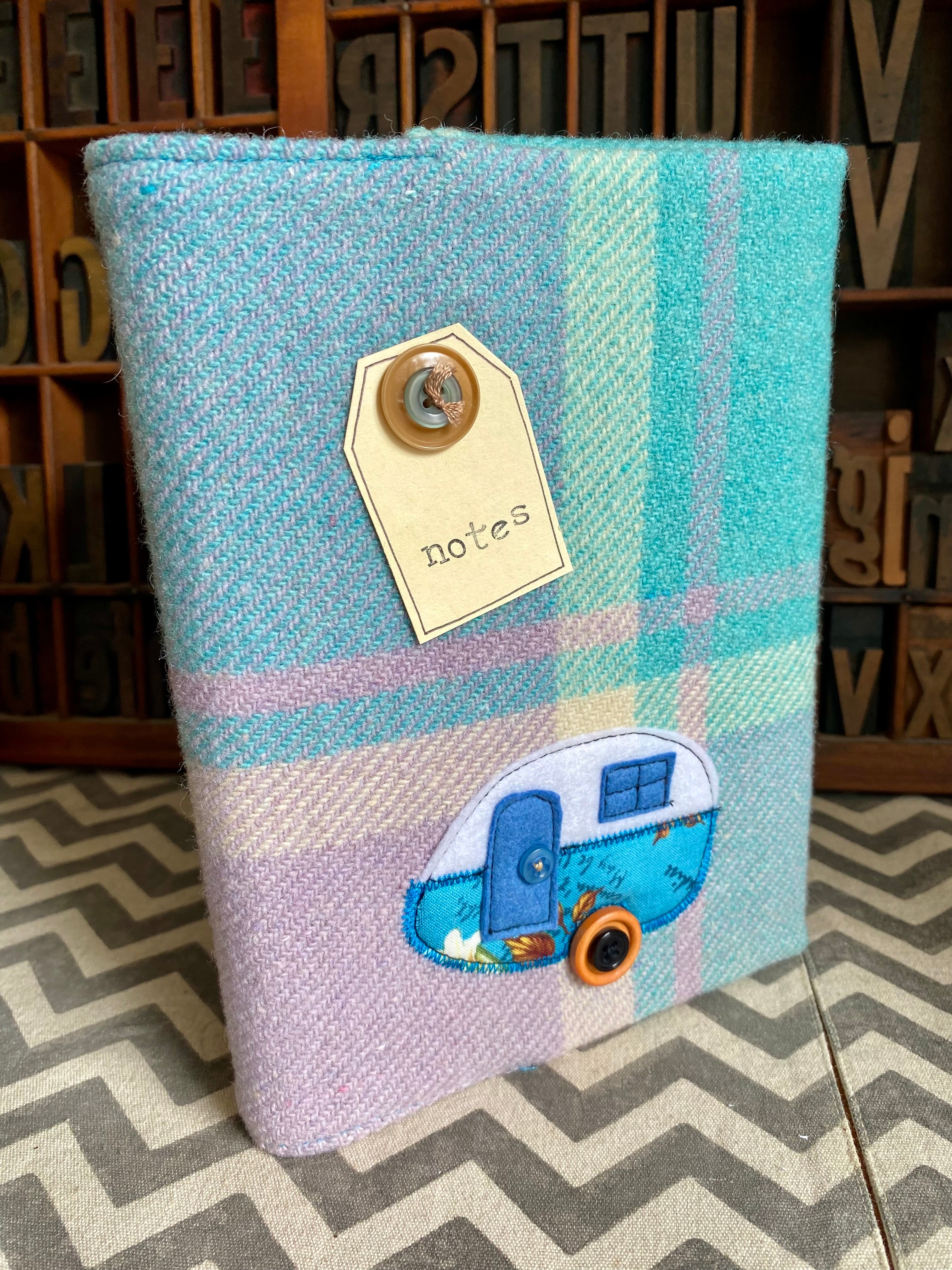 A5 Upcycled Notebook Caravan - blue/mauve