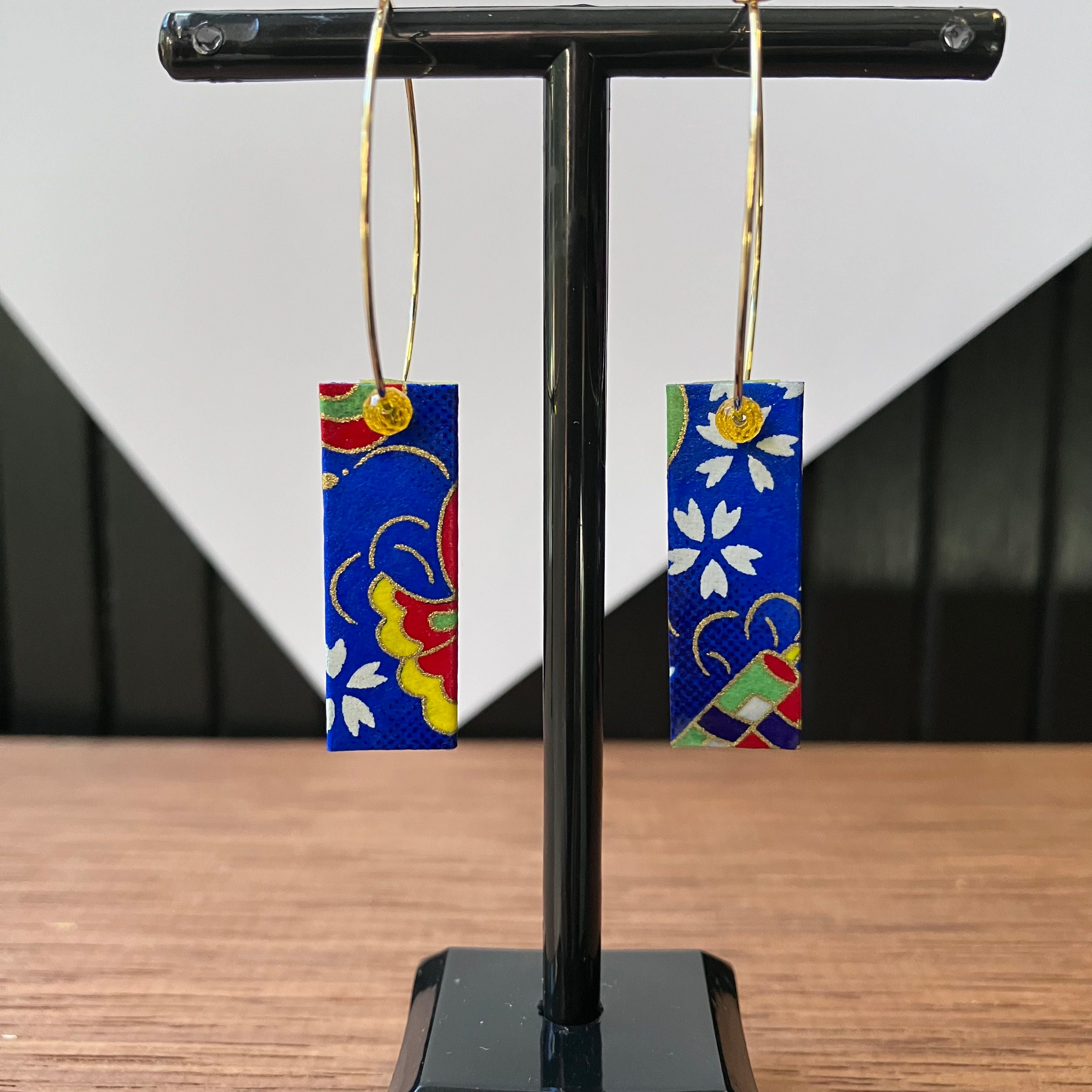Blue and Yellow Japanese Paper Tiles Hoop Earrings