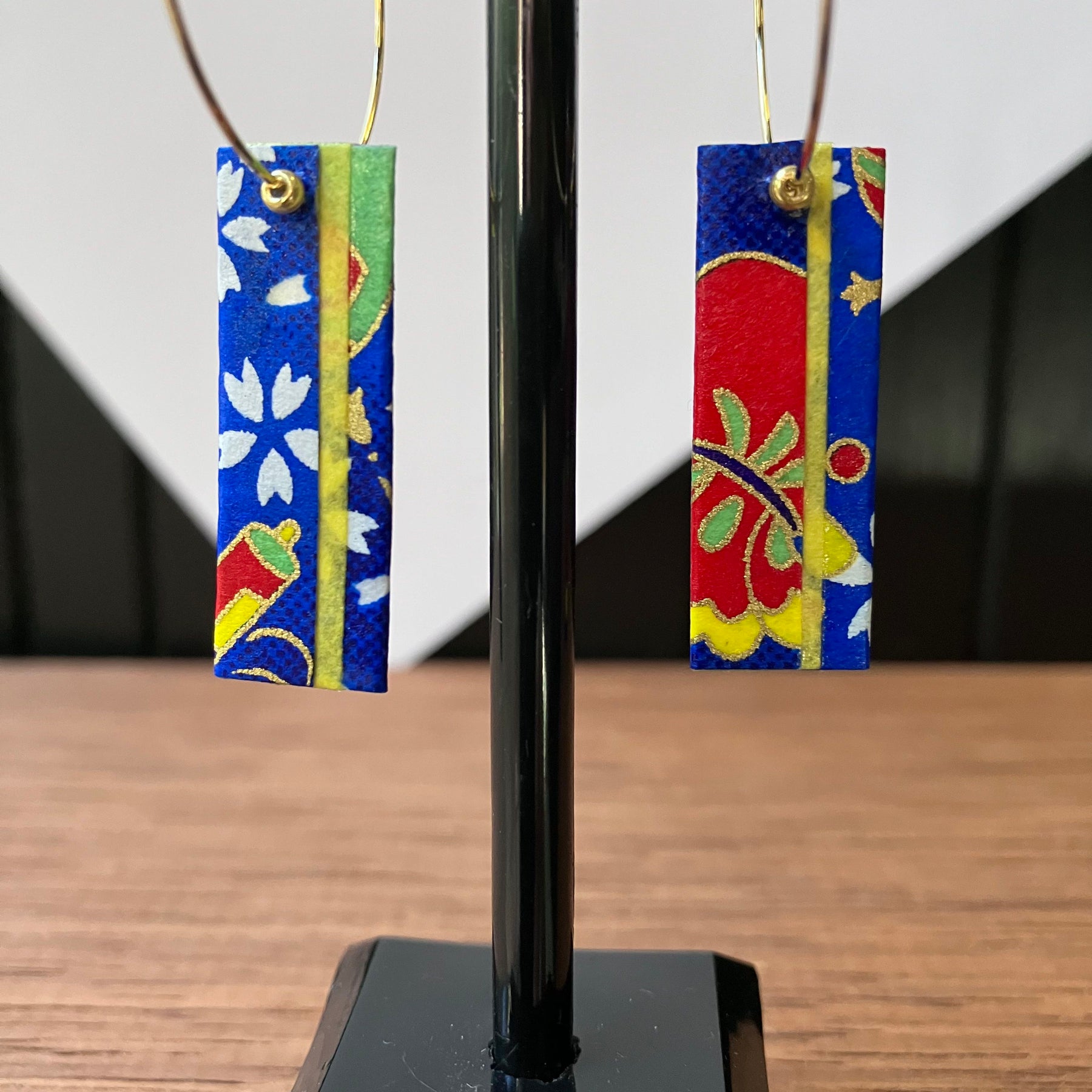 Blue and Yellow Japanese Paper Tiles Hoop Earrings
