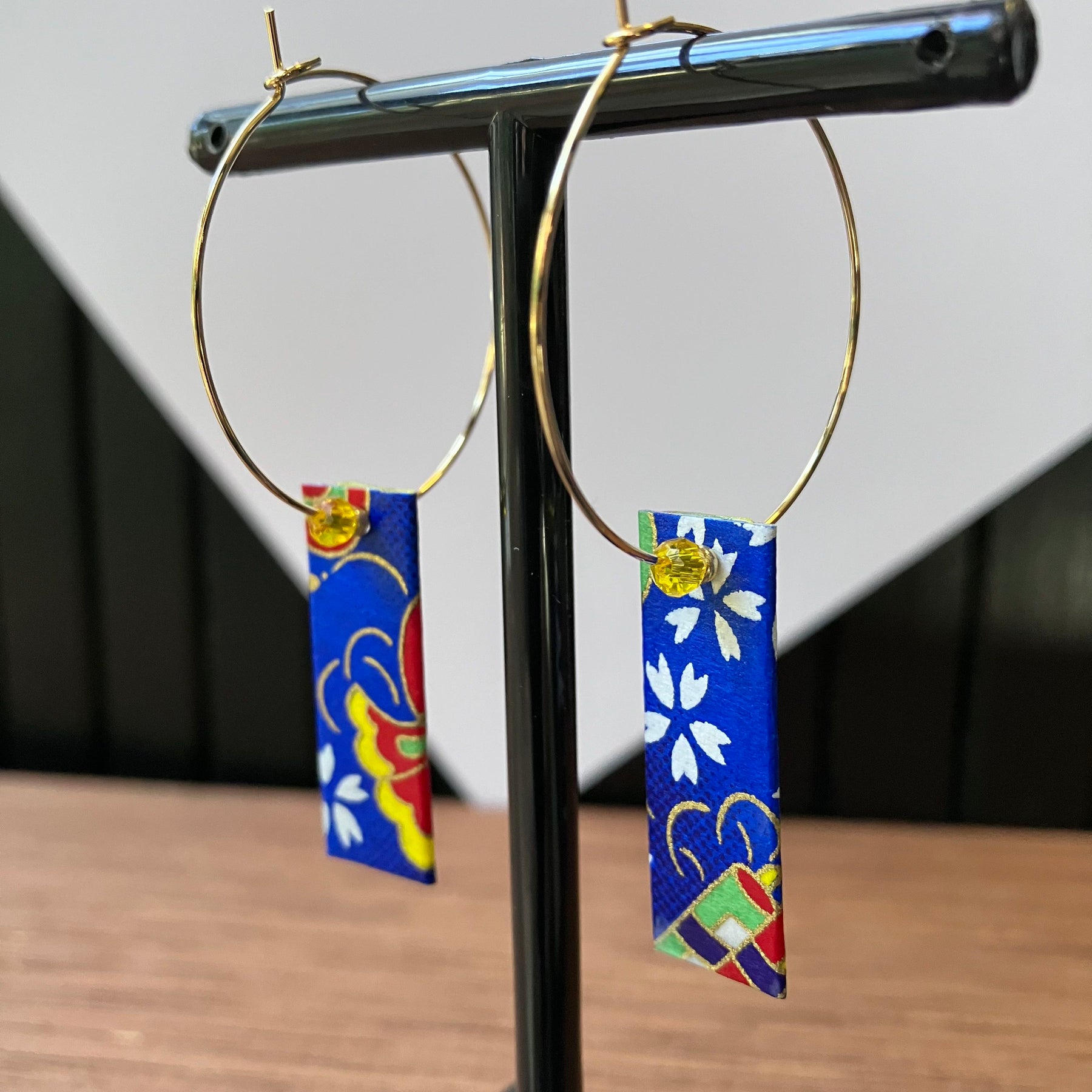 Blue and Yellow Japanese Paper Tiles Hoop Earrings