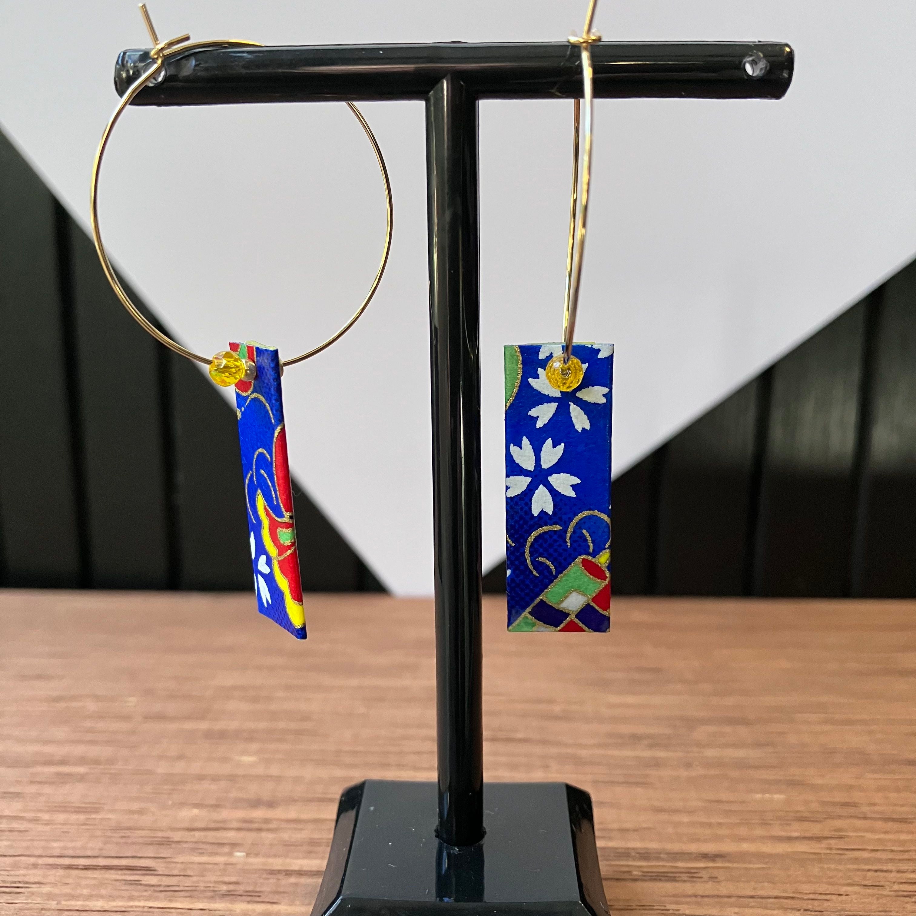 Blue and Yellow Japanese Paper Tiles Hoop Earrings