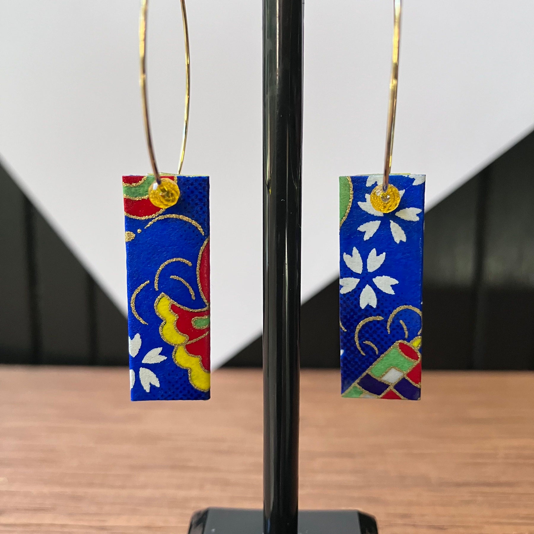 Blue and Yellow Japanese Paper Tiles Hoop Earrings