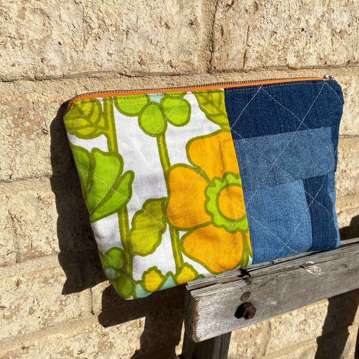 Handmade Pouch Cosmetic Bag Upcycled Vintage Retro - Orange Marigold