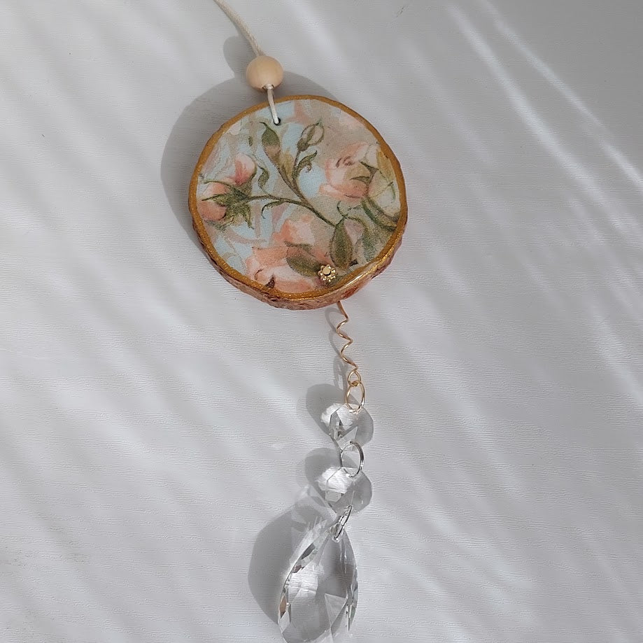 Crystal Suncatcher, Handmade Window Hanging, Roses Wood Art
