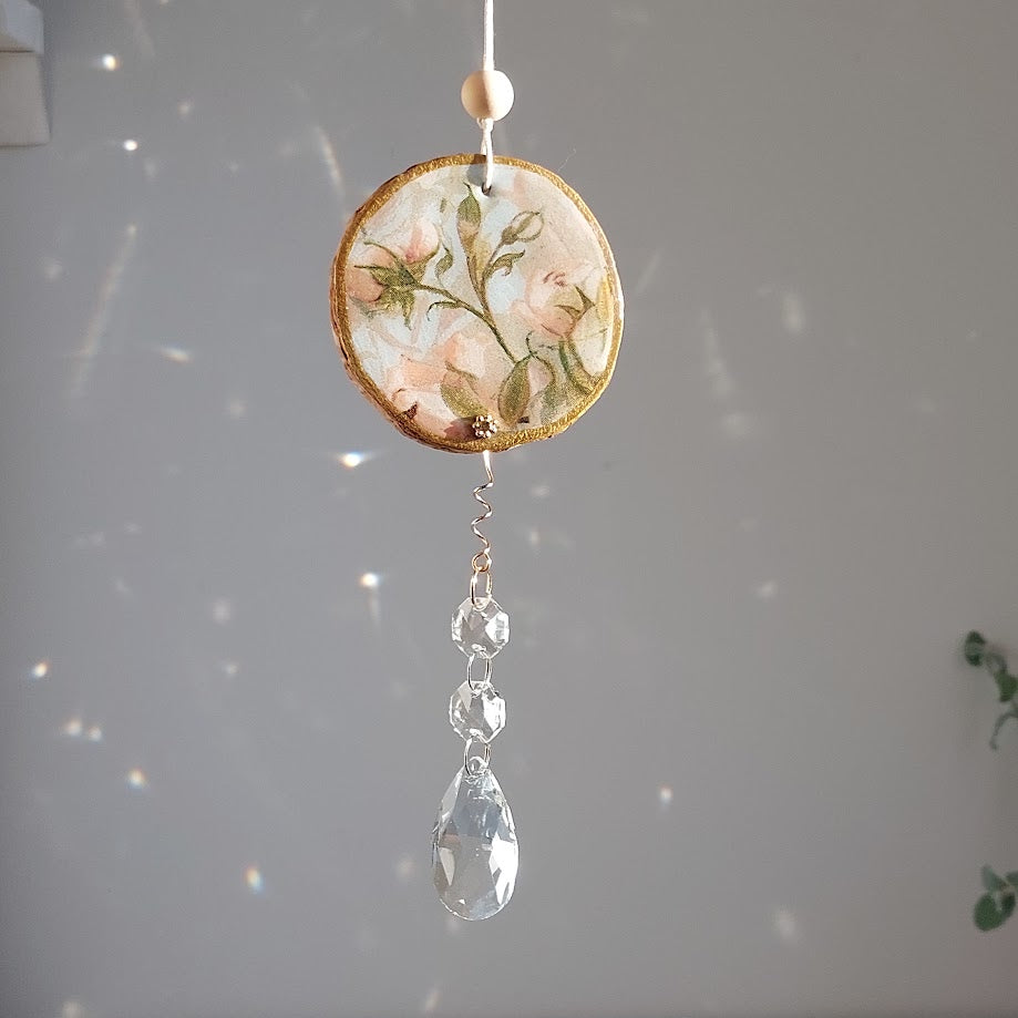 Crystal Suncatcher, Handmade Window Hanging, Roses Wood Art