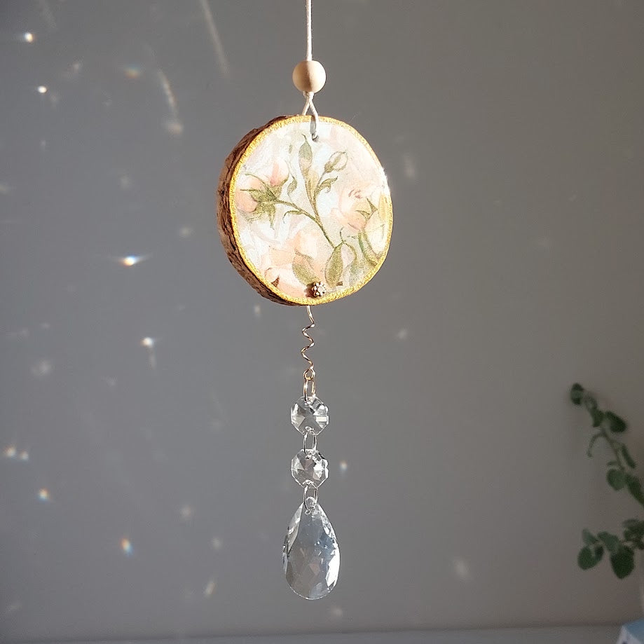 Crystal Suncatcher, Handmade Window Hanging, Roses Wood Art