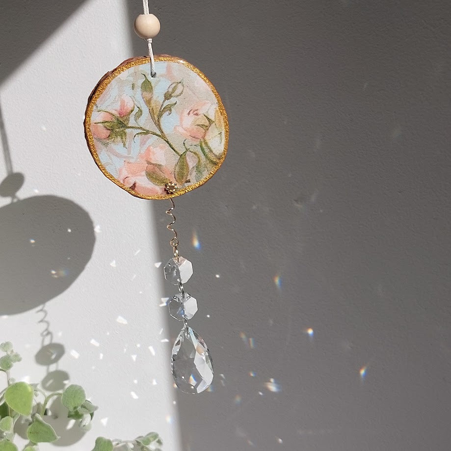 Crystal Suncatcher, Handmade Window Hanging, Roses Wood Art