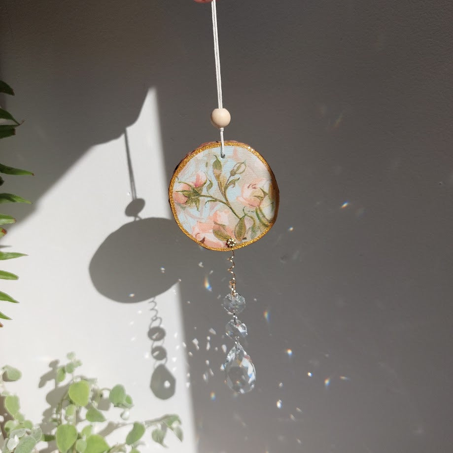 Crystal Suncatcher, Handmade Window Hanging, Roses Wood Art