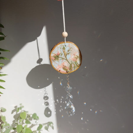 Crystal Suncatcher, Handmade Window Hanging, Roses Wood Art