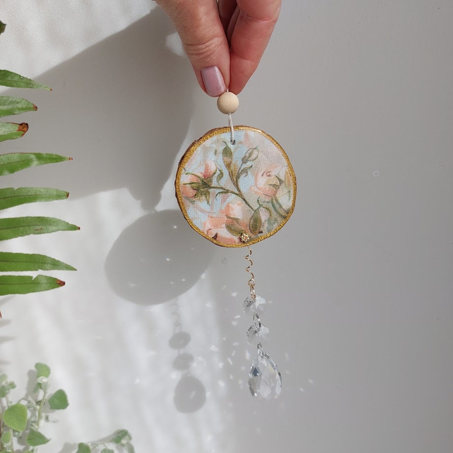 Crystal Suncatcher, Handmade Window Hanging, Roses Wood Art