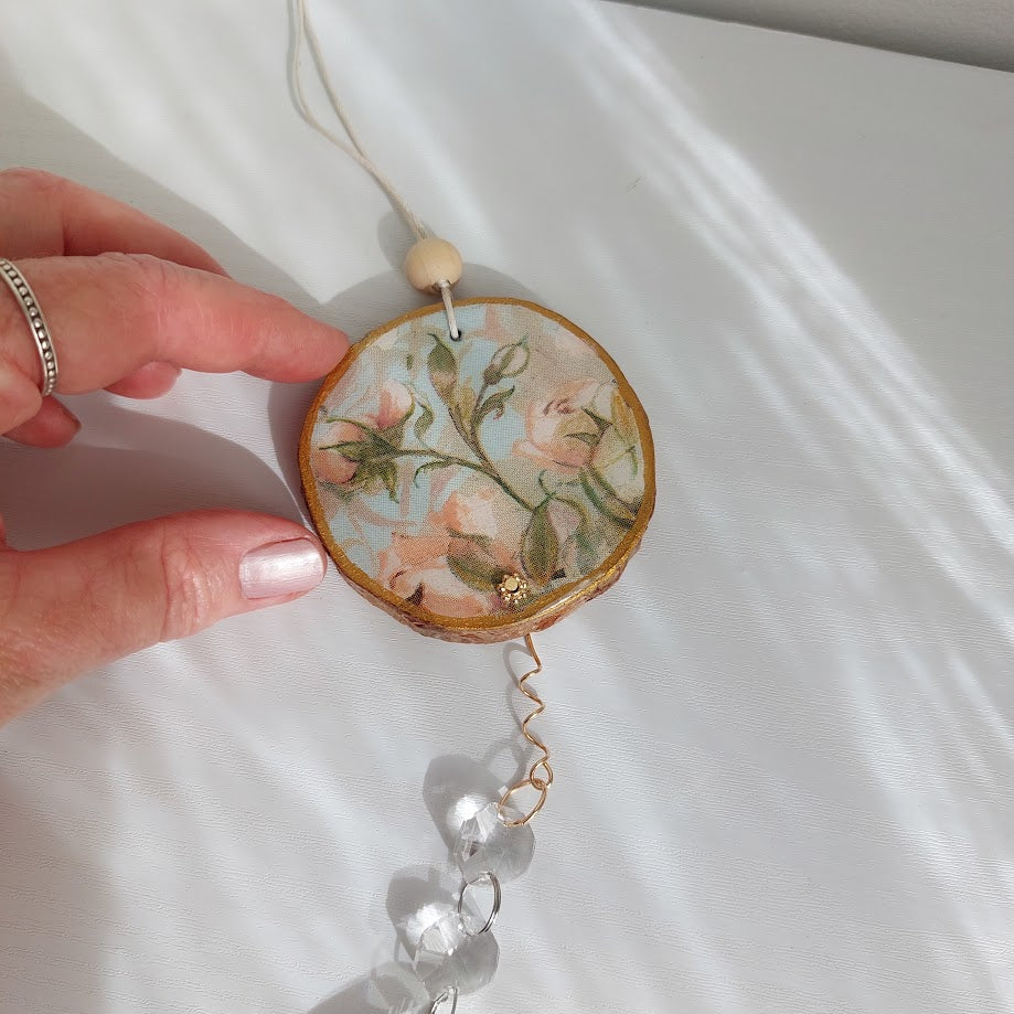Crystal Suncatcher, Handmade Window Hanging, Roses Wood Art