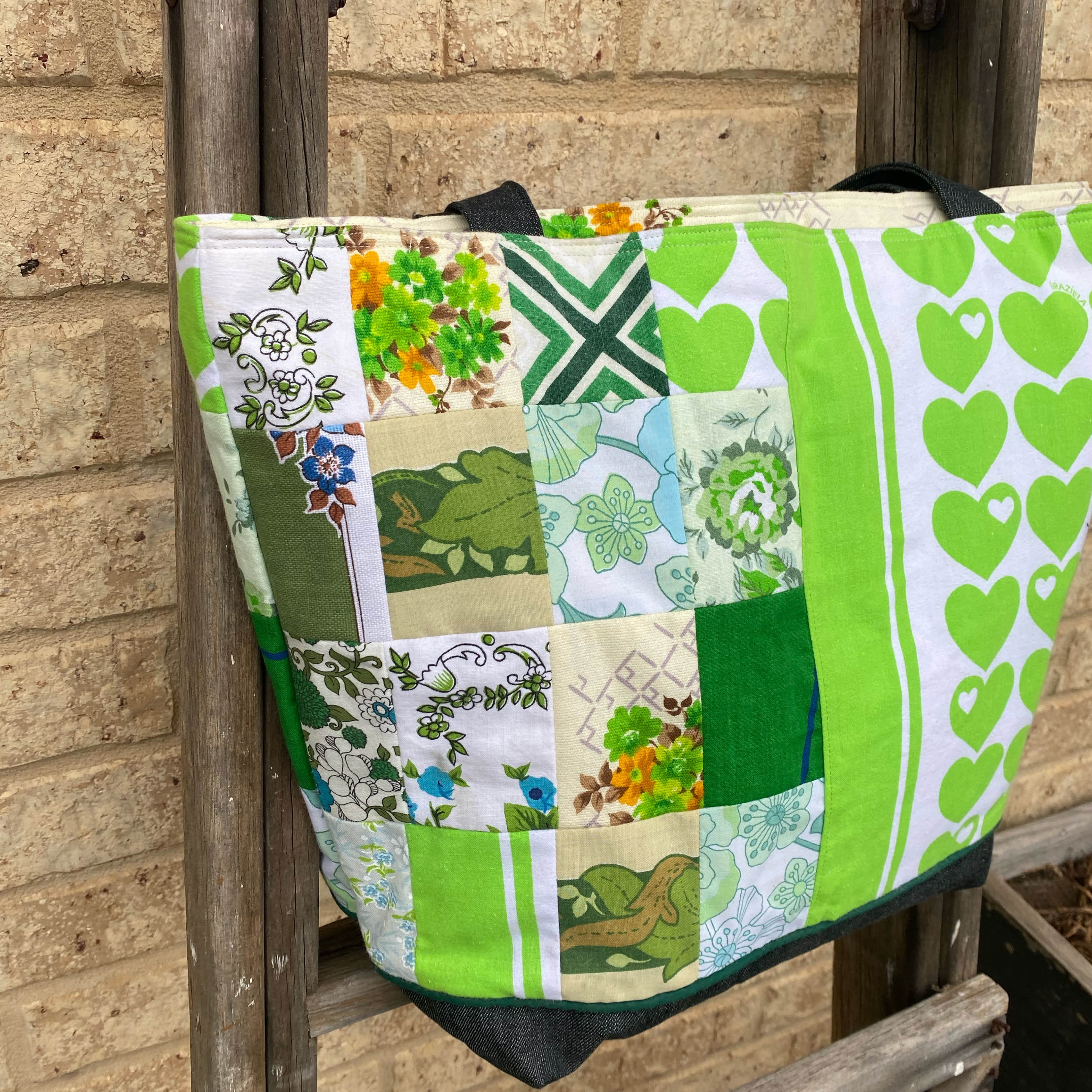 Heartland Handmade Tote Bag Upcycled Vintage Fabrics & Denim