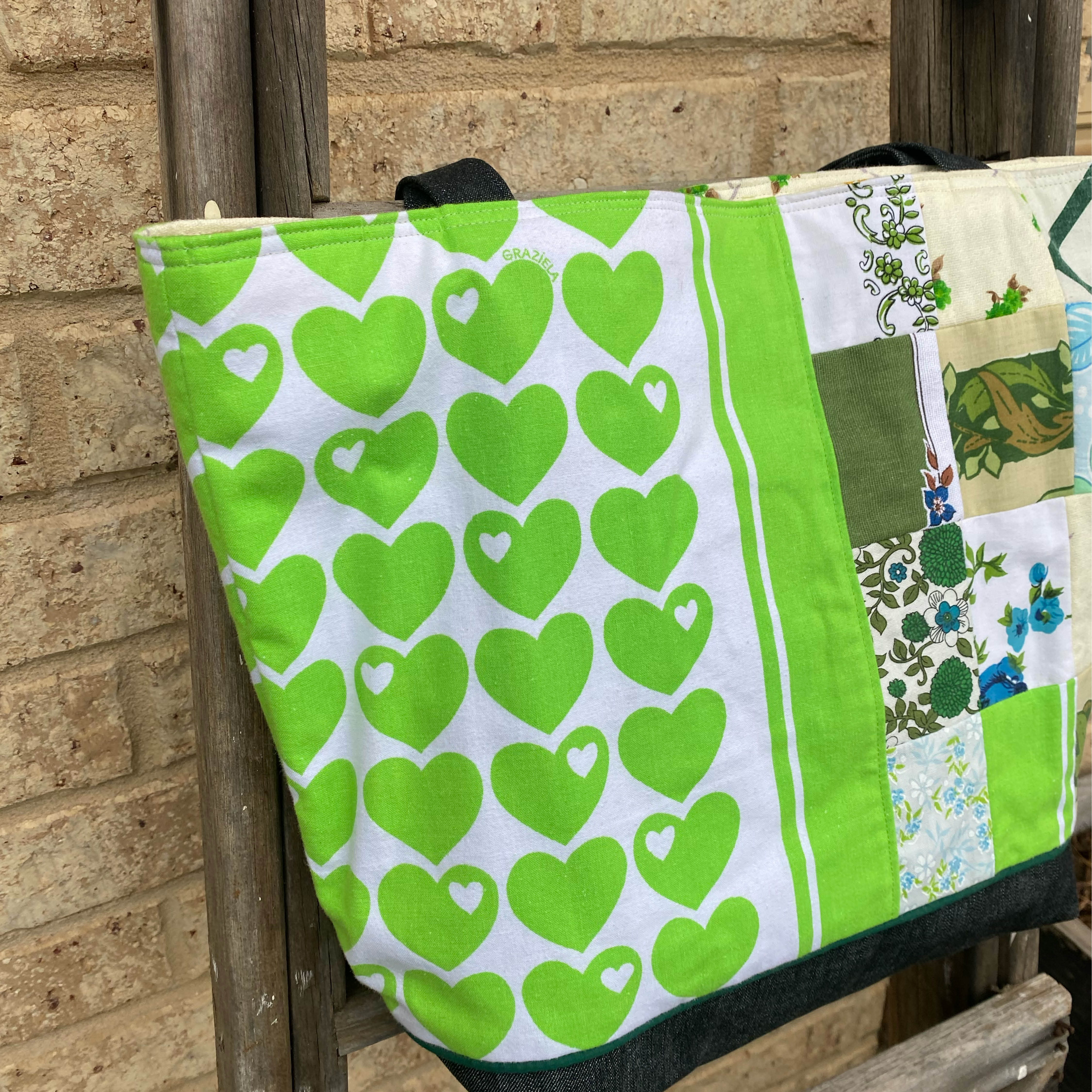 Heartland Handmade Tote Bag Upcycled Vintage Fabrics & Denim
