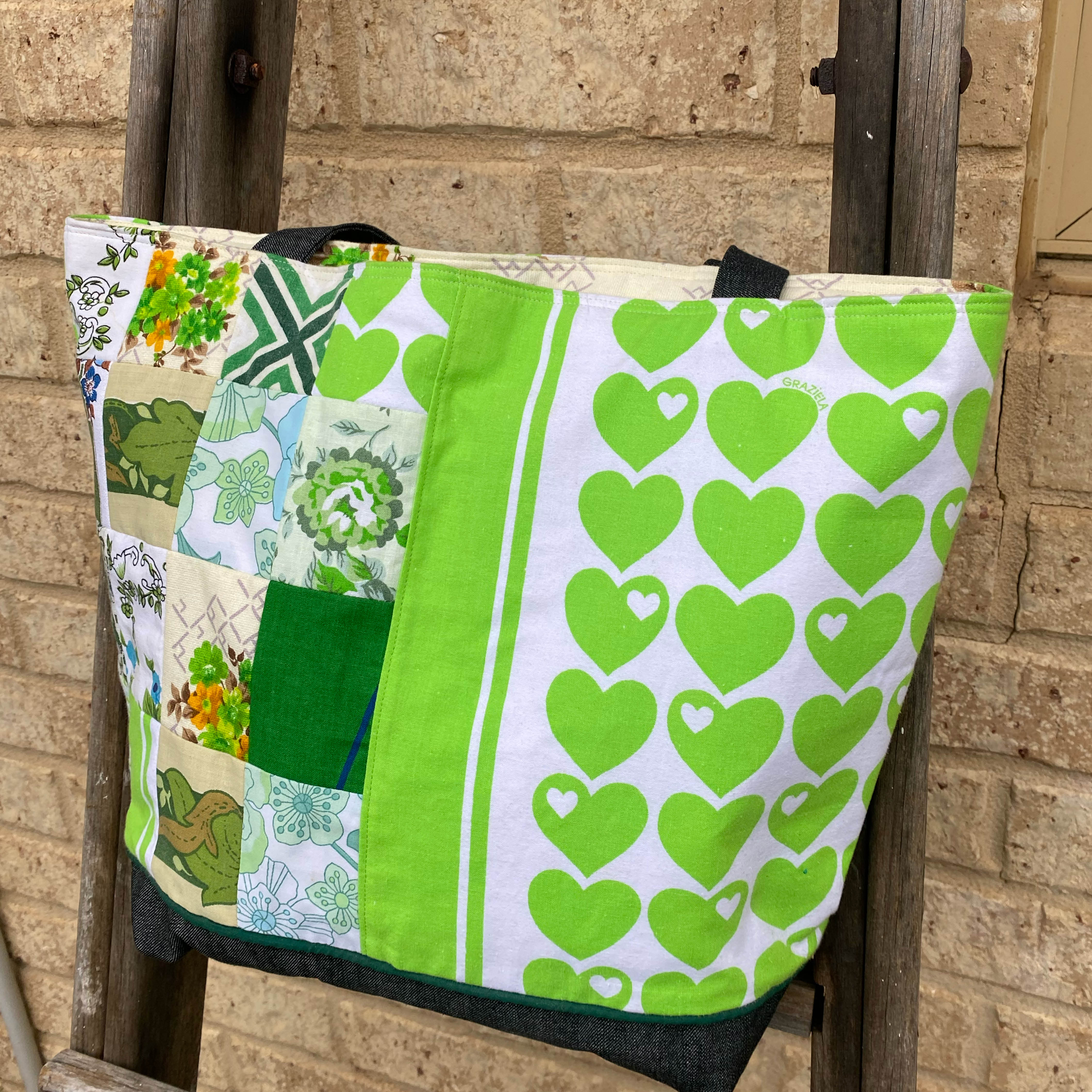 Heartland Handmade Tote Bag Upcycled Vintage Fabrics & Denim