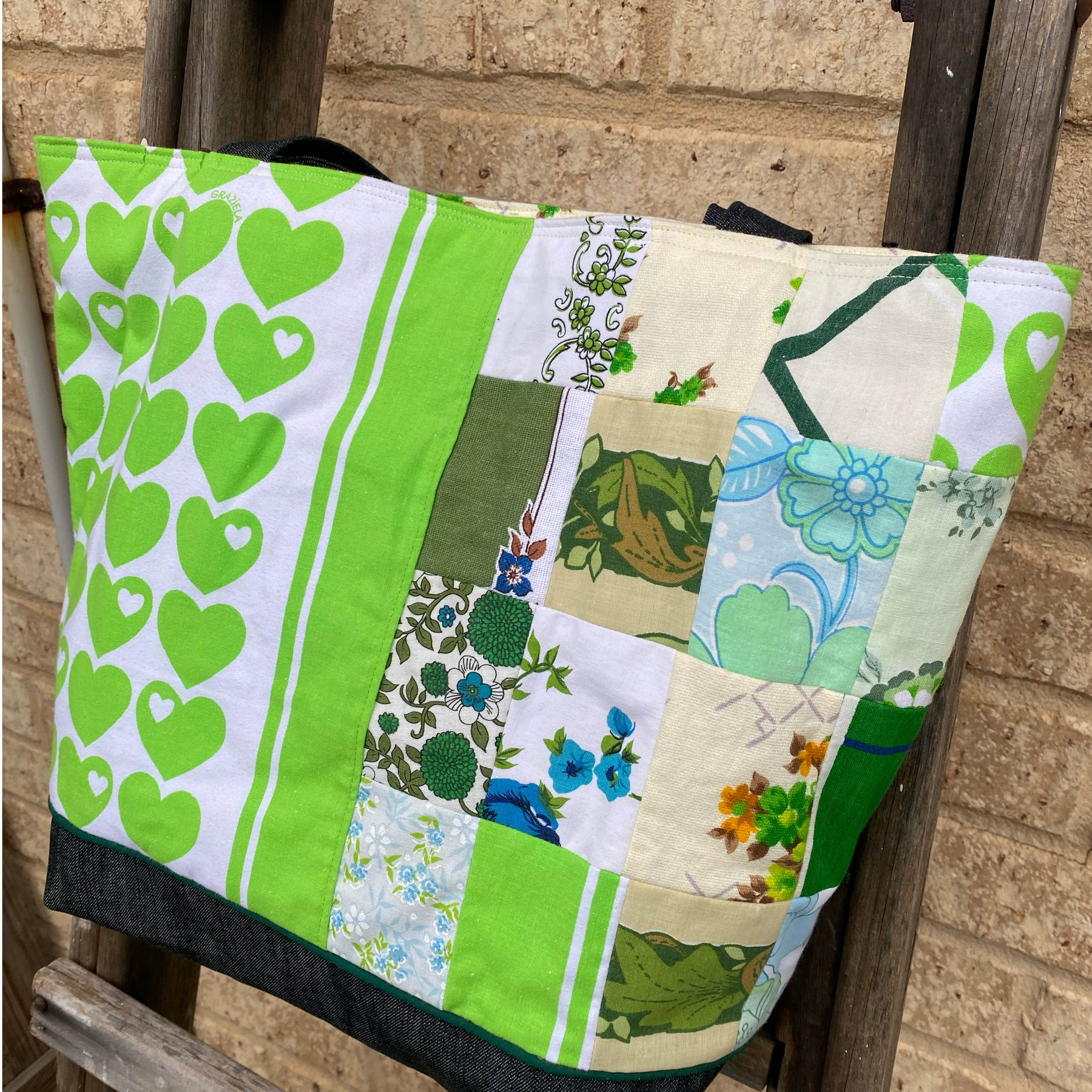 Heartland Handmade Tote Bag Upcycled Vintage Fabrics & Denim