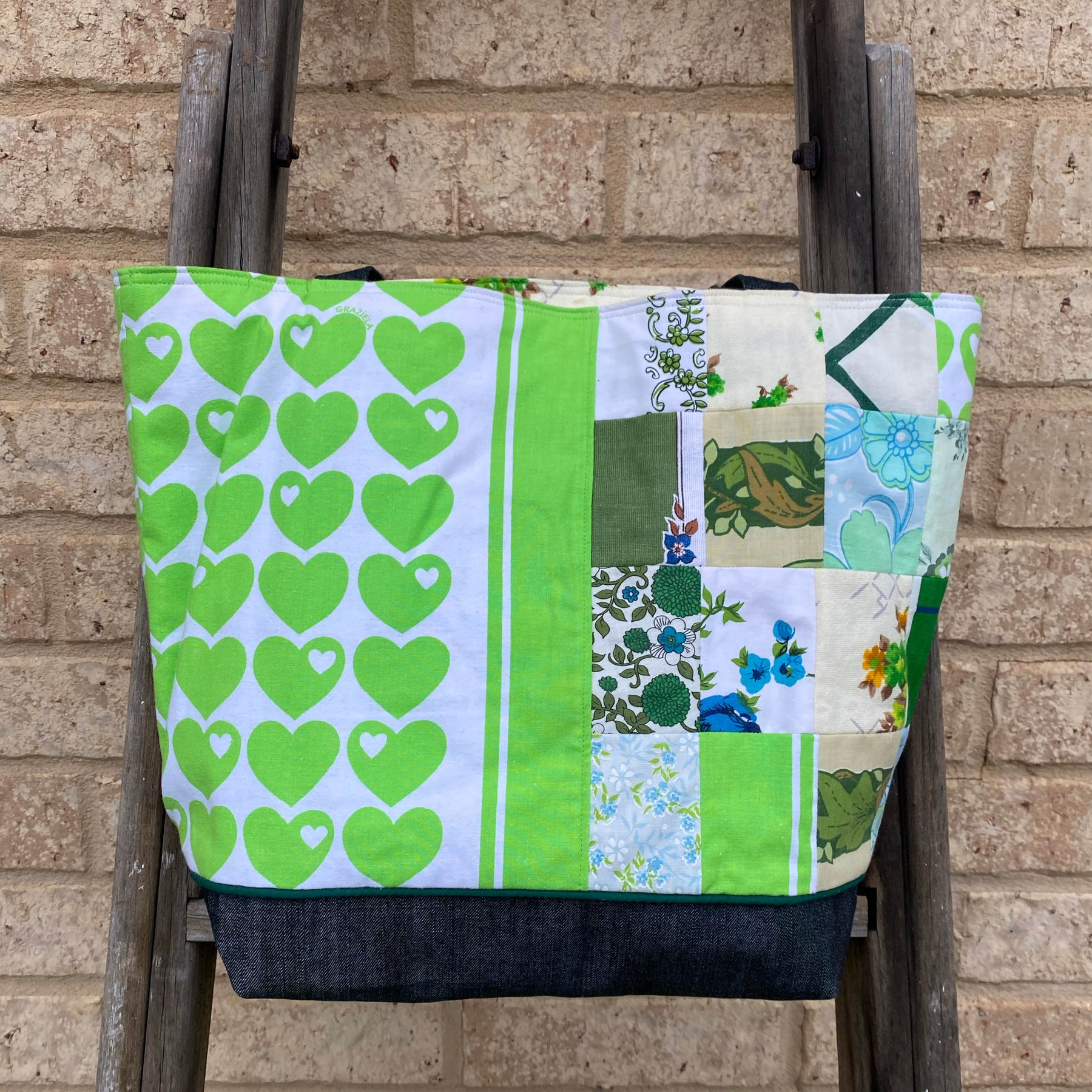Heartland Handmade Tote Bag Upcycled Vintage Fabrics & Denim