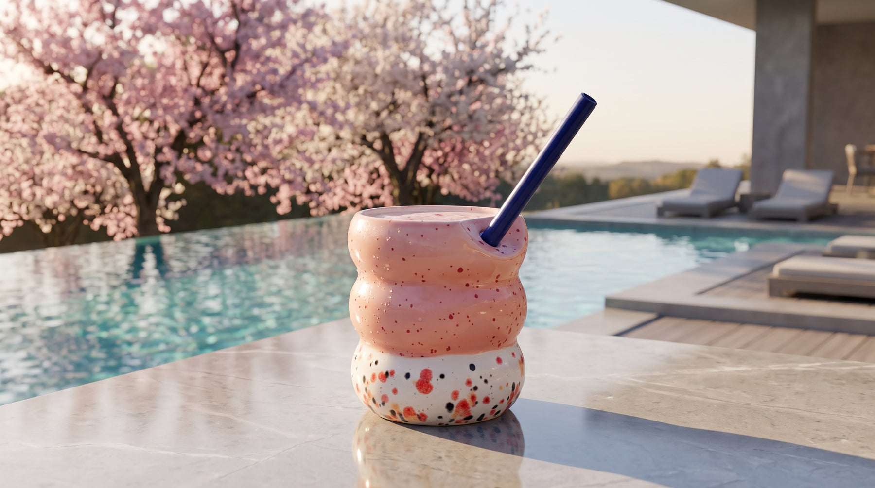 Handcrafted Porcelain Tumbler with Silicon Straw, 600mL Bubble Cup in Strawberry Boba Glaze