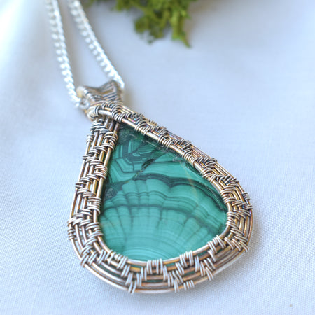 Handwoven Malachite Pendant in Antiqued Silver-Filled Wire