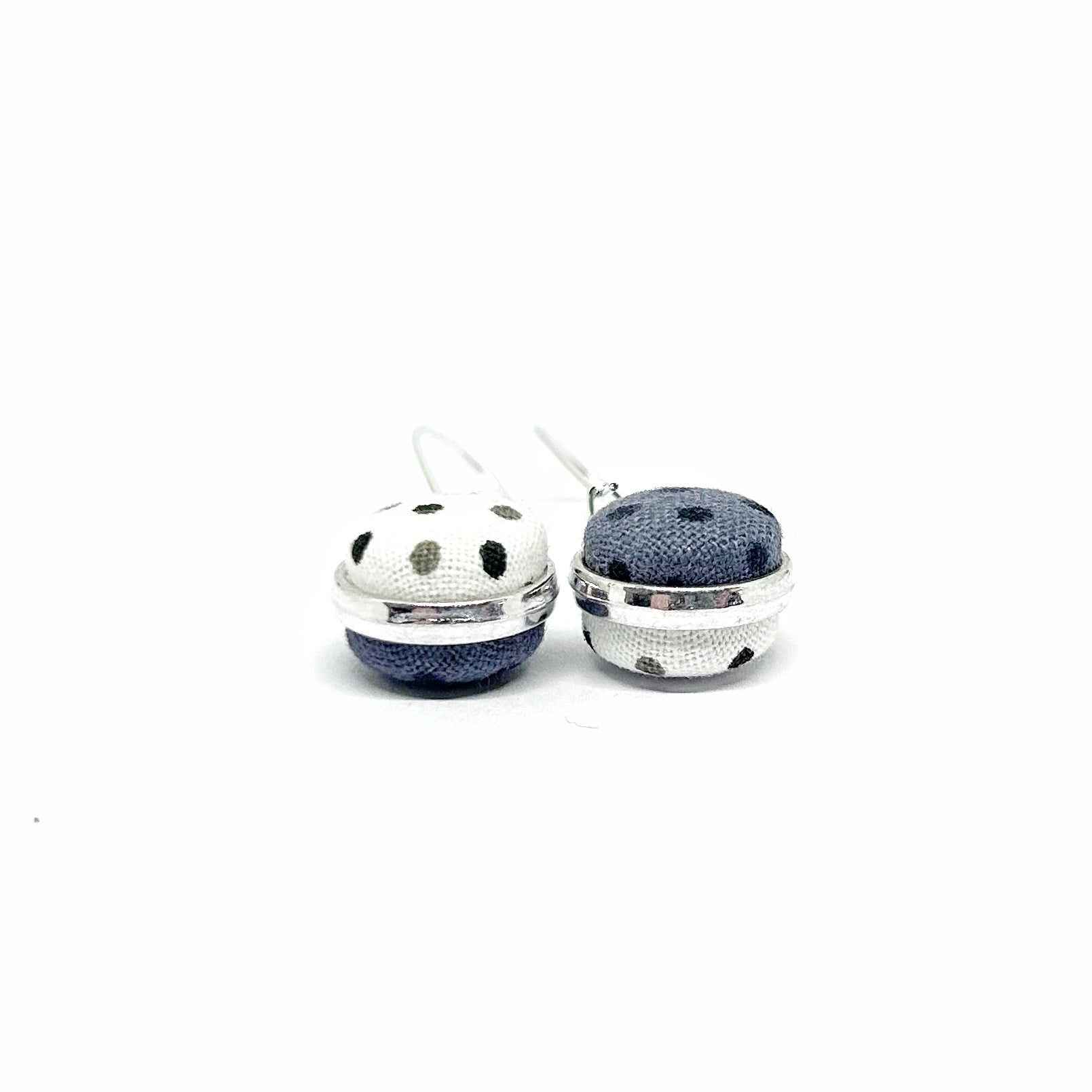 Double Sided Fabric Button Earrings - Grey and White