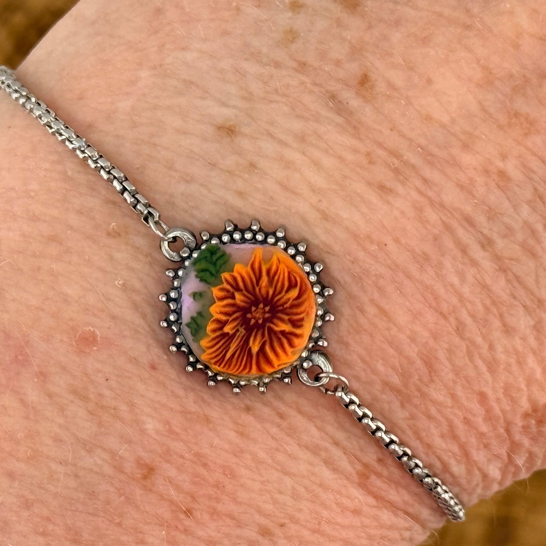 Brown Flower & Leaf Stainless Steel Adjustable Slider Bracelet