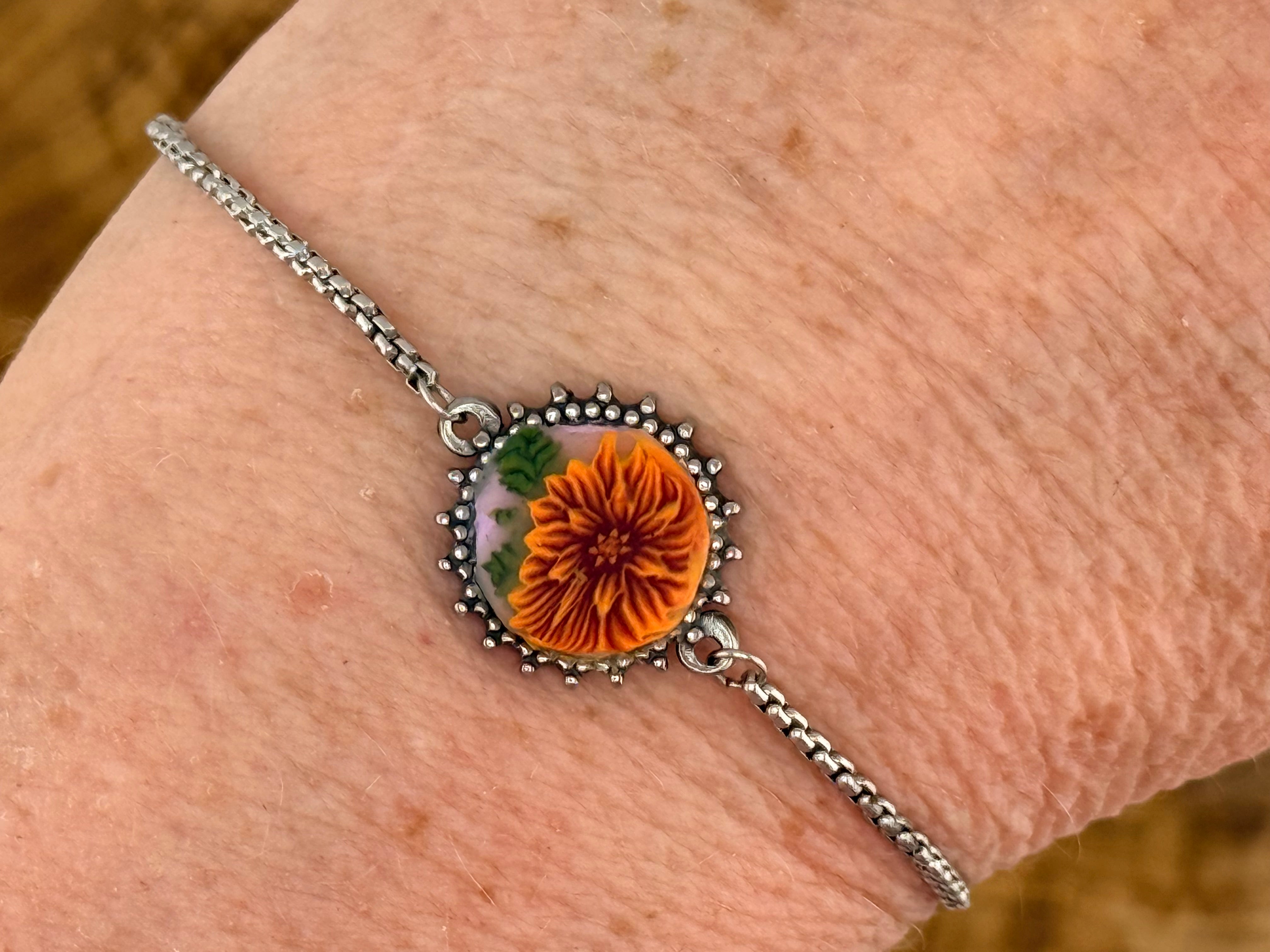 Brown Flower & Leaf Stainless Steel Adjustable Slider Bracelet