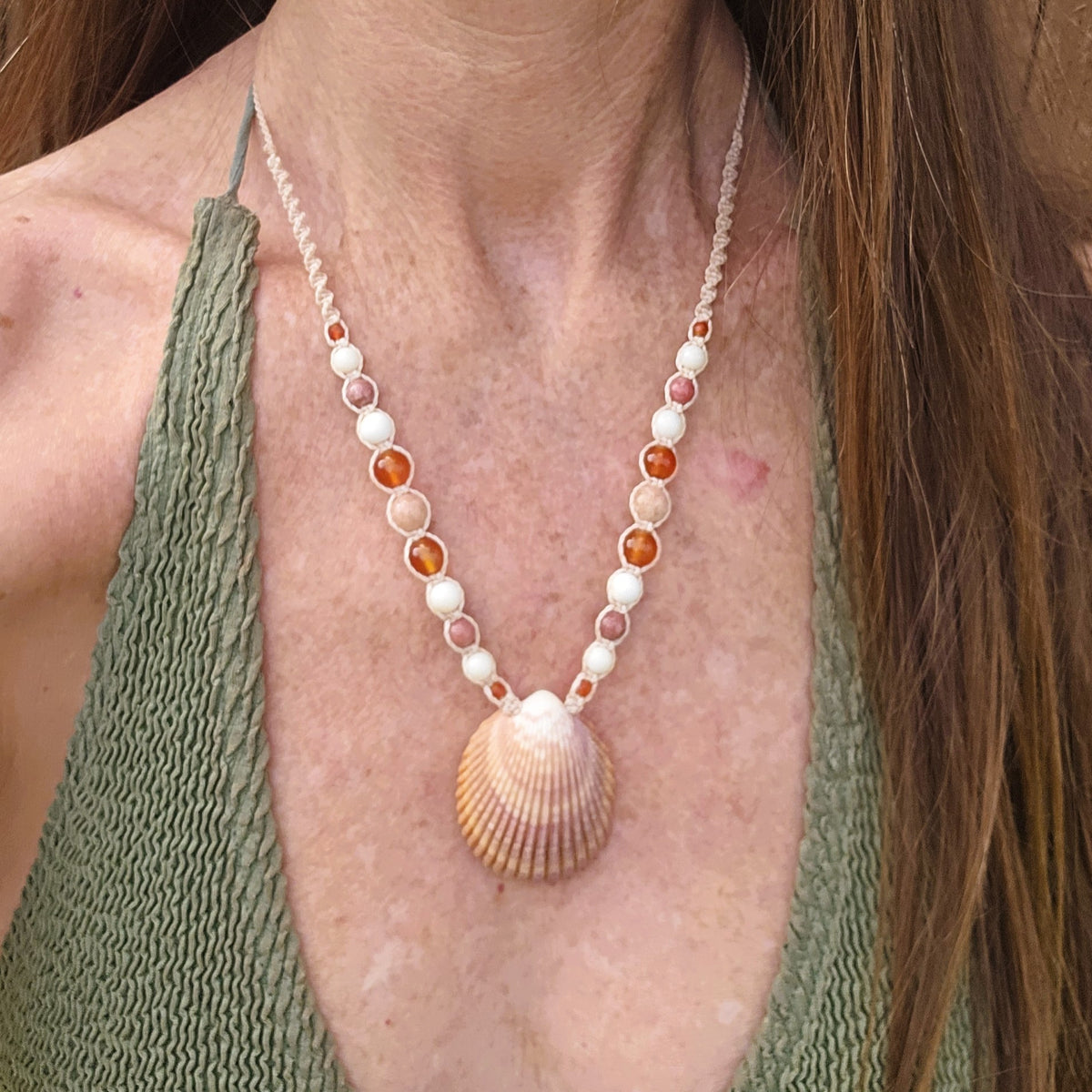 Cockle Shell Necklace with Carnelian, Peach Calcite & Thulite