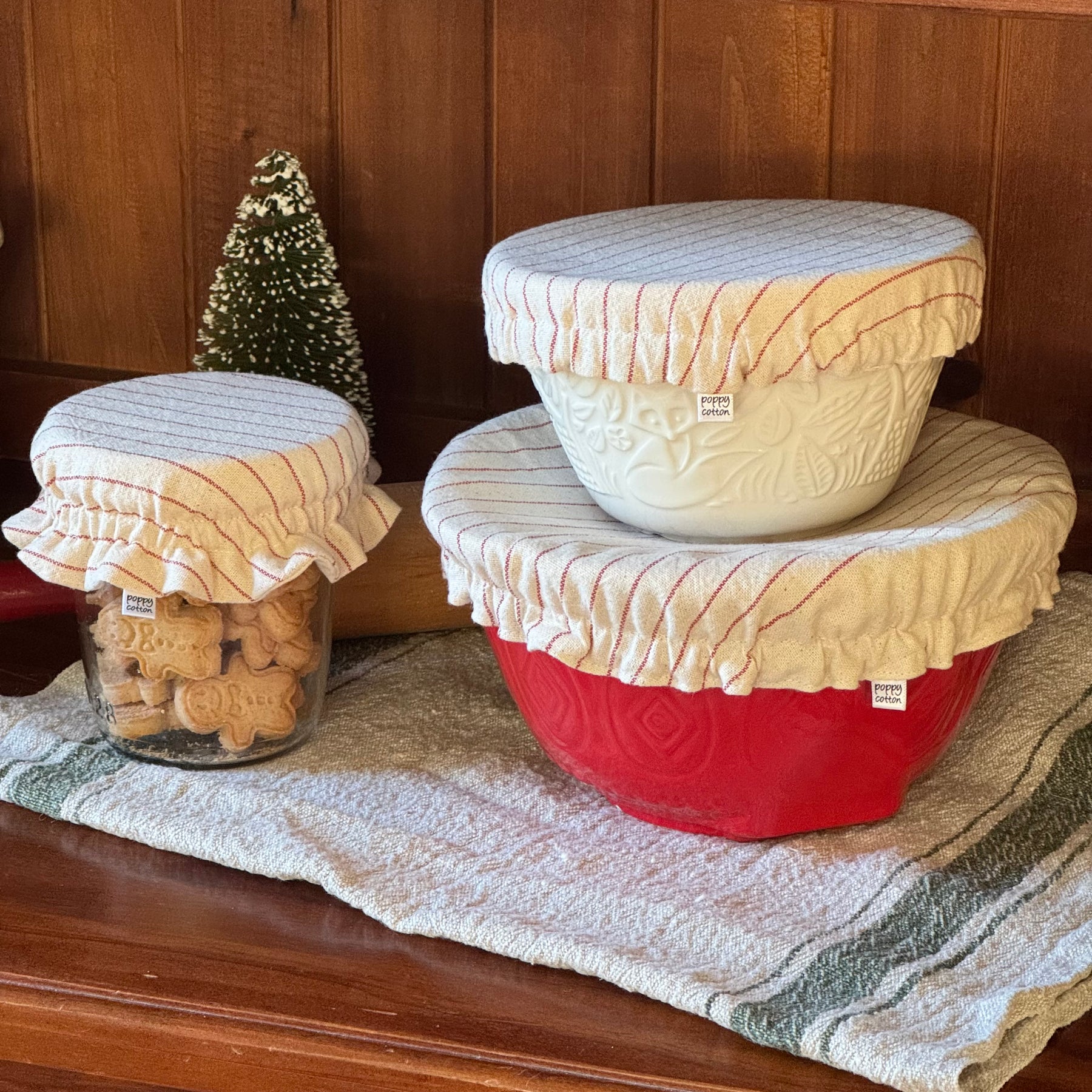 Reusable Christmas Pudding Bowl Covers & Matching Frilled Jar Cover | Reversible Natural Cotton