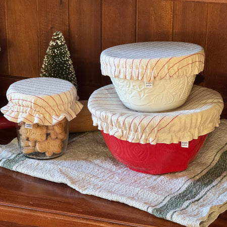 Reusable Christmas Pudding Bowl Covers & Matching Frilled Jar Cover | Reversible Natural Cotton