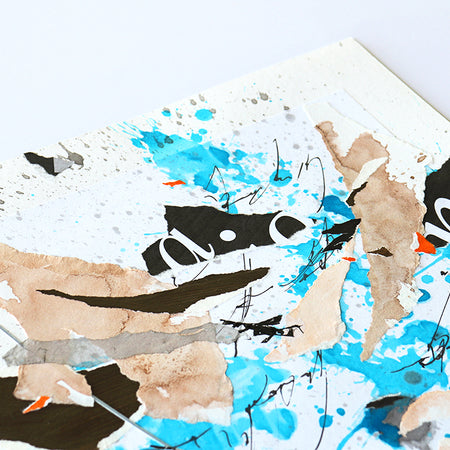 Blue, tan and orange abstract collage