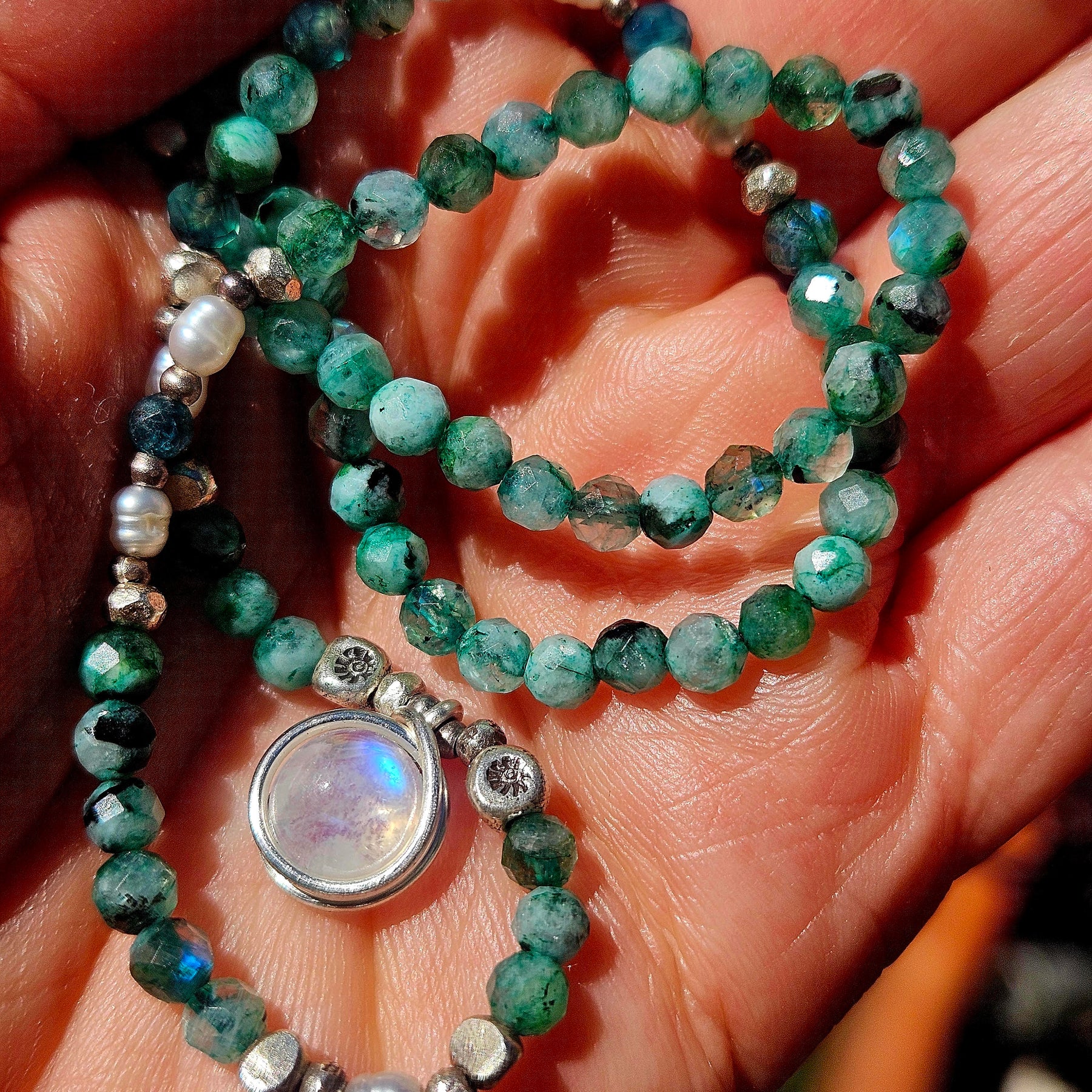 Green Labradorite, Apatite & Moonstone Necklace with Thai Silver & Freshwater Pearls