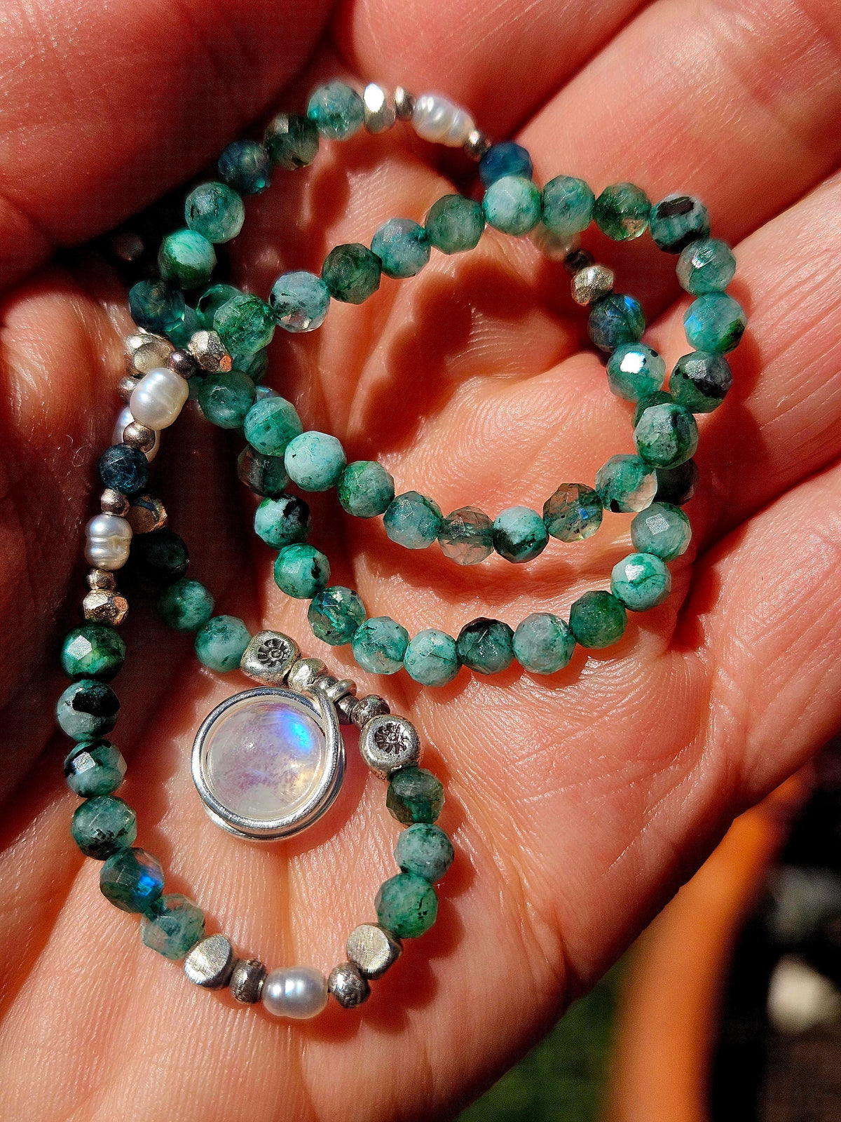 Green Labradorite, Apatite & Moonstone Necklace with Thai Silver & Freshwater Pearls