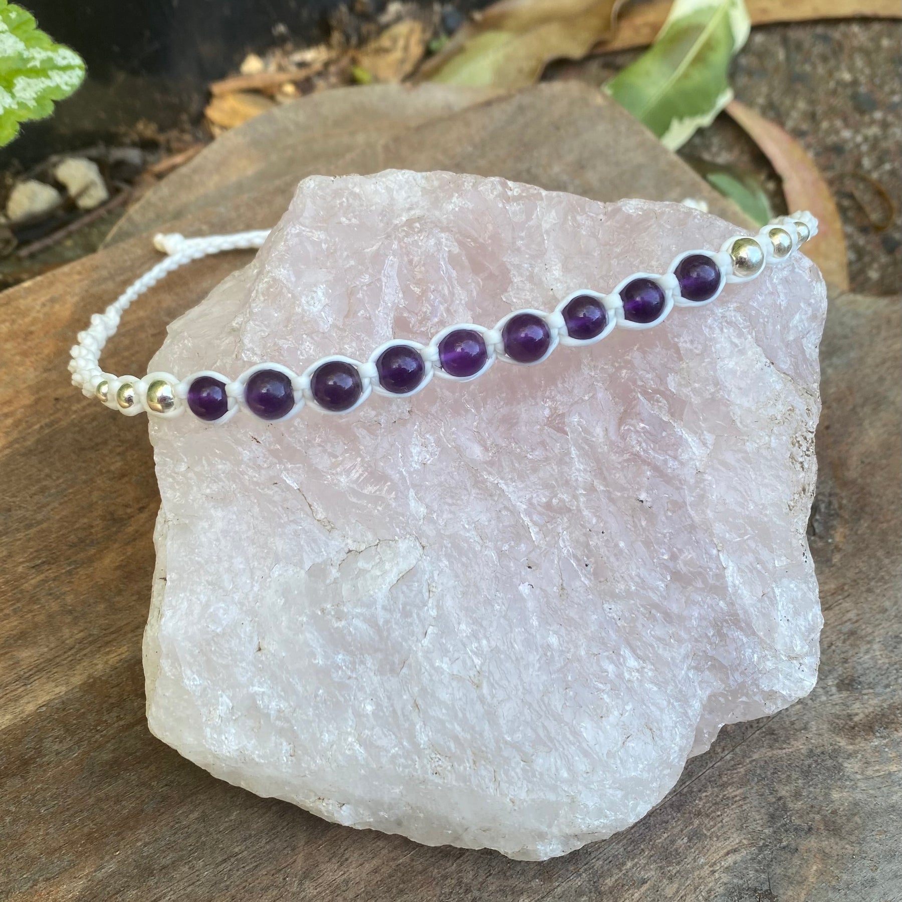 Amethyst Beaded Anklet: Macrame Adjustable Waterproof