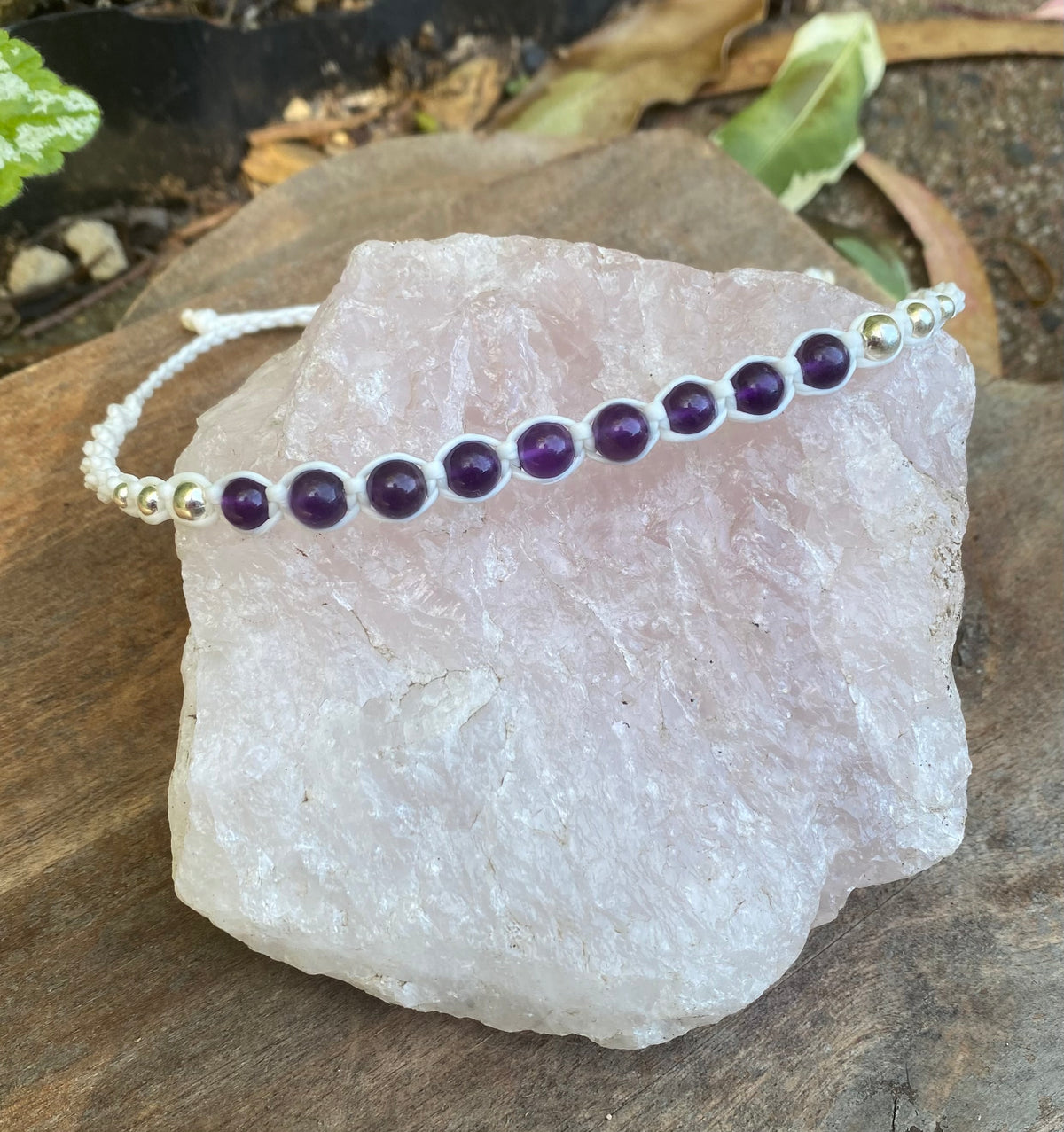 Amethyst Beaded Anklet: Macrame Adjustable Waterproof
